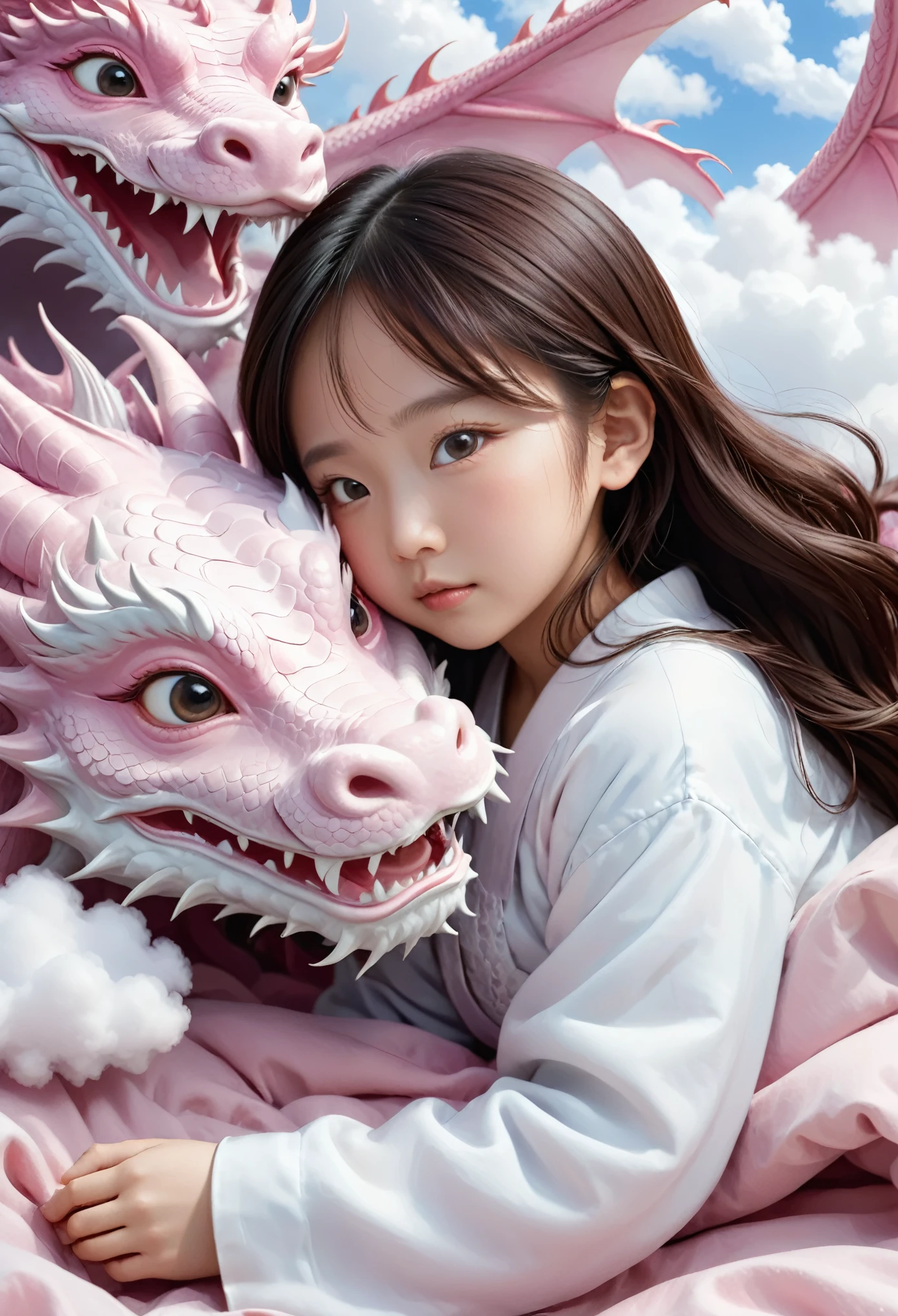 Young Asian Girl with Dragons by Ann Luo Blog, A -yead Chie baby girl,ly, face round, long hair, Slept on a pink dragon bed, a photorealistic painting by Ju Lian, shutterstock contest winner, Fantasy art, a dragon made of clouds, Chinese fantasy, lie on white clouds fairyland，Camera shot, Film style, Intricate and refined details, high qulity，japanaese girl，8K resolution, Fantasy illustrations, Close up, golden age illustrations