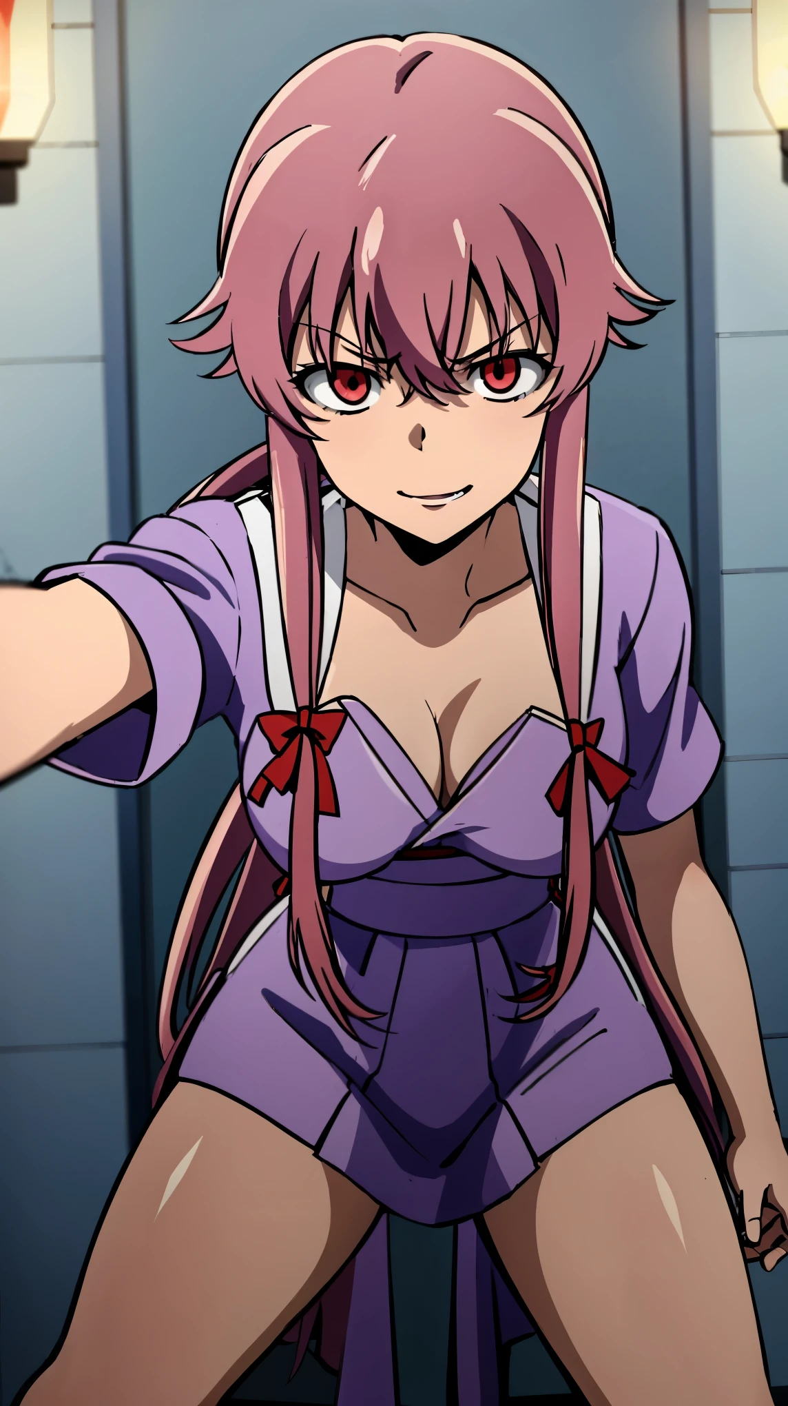 anime_still, masterpiece, best quality, 1girl, Gasai Yuno,large breasts, red eyes, (hospital_gown:1.5), (Psychiatric hospital:1.5), insane, ((padded room)), asylum, Psycho, padded room, mental patient, exposed cleavage, empty eyes, (shaded face:1.1), pov selfie, 1girl solo, kabedon pov, CRAZY SMILE, (YANDERE,CRAZY EXPRESSION:1.6), angry eyes