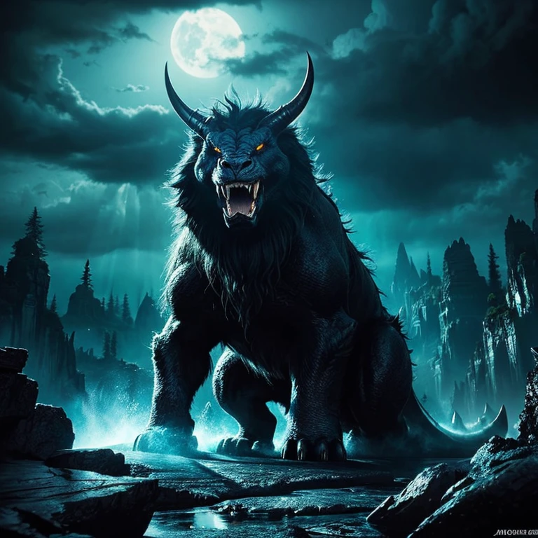 a giant creature,rare majestic sight,dark and mysterious,best quality,ultra-detailed,shadowy figure,immense size,powerful presence,monstrous strength,otherworldly appearance,dense fur,sharp and gleaming teeth,fierce and intimidating eyes,ominous atmosphere,huge claws,forbidding landscape,foreboding skies,dark and brooding tones,subtle lighting,mythical beast,mythological reference,surreal and awe-inspiring,overwhelming scale,unforgettable encounter,unsettling and captivating,thrillingly dangerous,unexplored wilderness,heart-pounding adrenaline,breathtaking detail,unfathomable depths of imagination,stunning realism,masterpiece:1.2