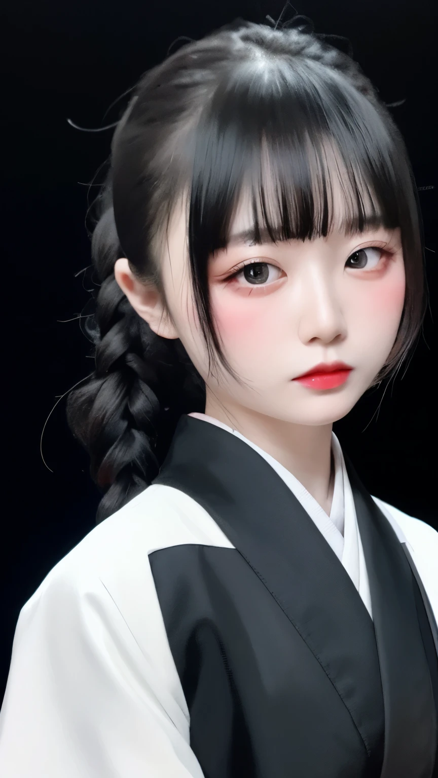 highest quality、masterpiece、1 girl、black background、black background、whole body angle、White and black hakama、in the same way、Are standing、black background、gray hair:1.5、red eyes、red lips、white clothes、Black and white world、Black and white world、pale skin、side blade