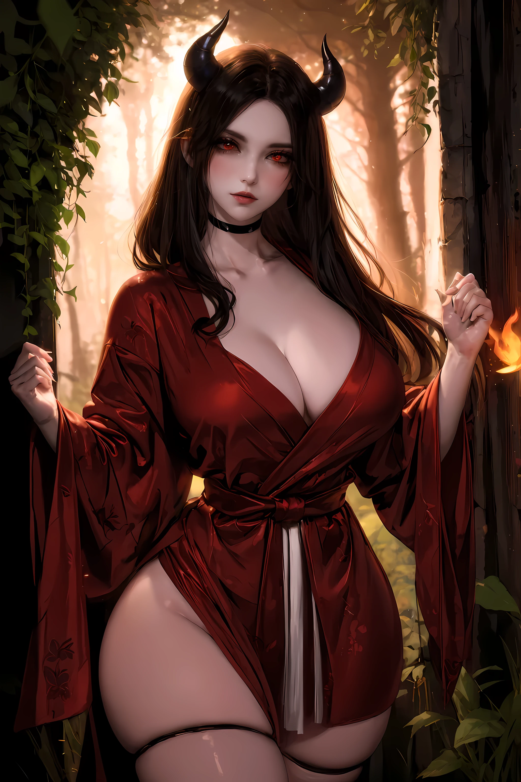 (8k,high resolution,masterpiece:1.2),actual,photo-actual:1.37,devil girl,red corner,beautiful and delicate eyes,beautiful and delicate lips,Extremely detailed eyes and face,long eyelashes,Sexy long black hair,fiery red eyes,Wearing a dark flowing robe,Floating in a misty forest under the moonlight,Red eyes penetrate the darkness,The soft and ethereal light reflects her graceful figure,Subtle shadows dance around her,Red rose surrounded by thorny vines,A sinister yet fascinating presence..,Depicted with dark and dramatic chiaroscuro lighting,Create an unforgettable and charming atmosphere,A clever fusion of traditional oil painting and digital art,evoke a sense of mystery and,Perfectly capturing the beauty and darkness of the enchantress.