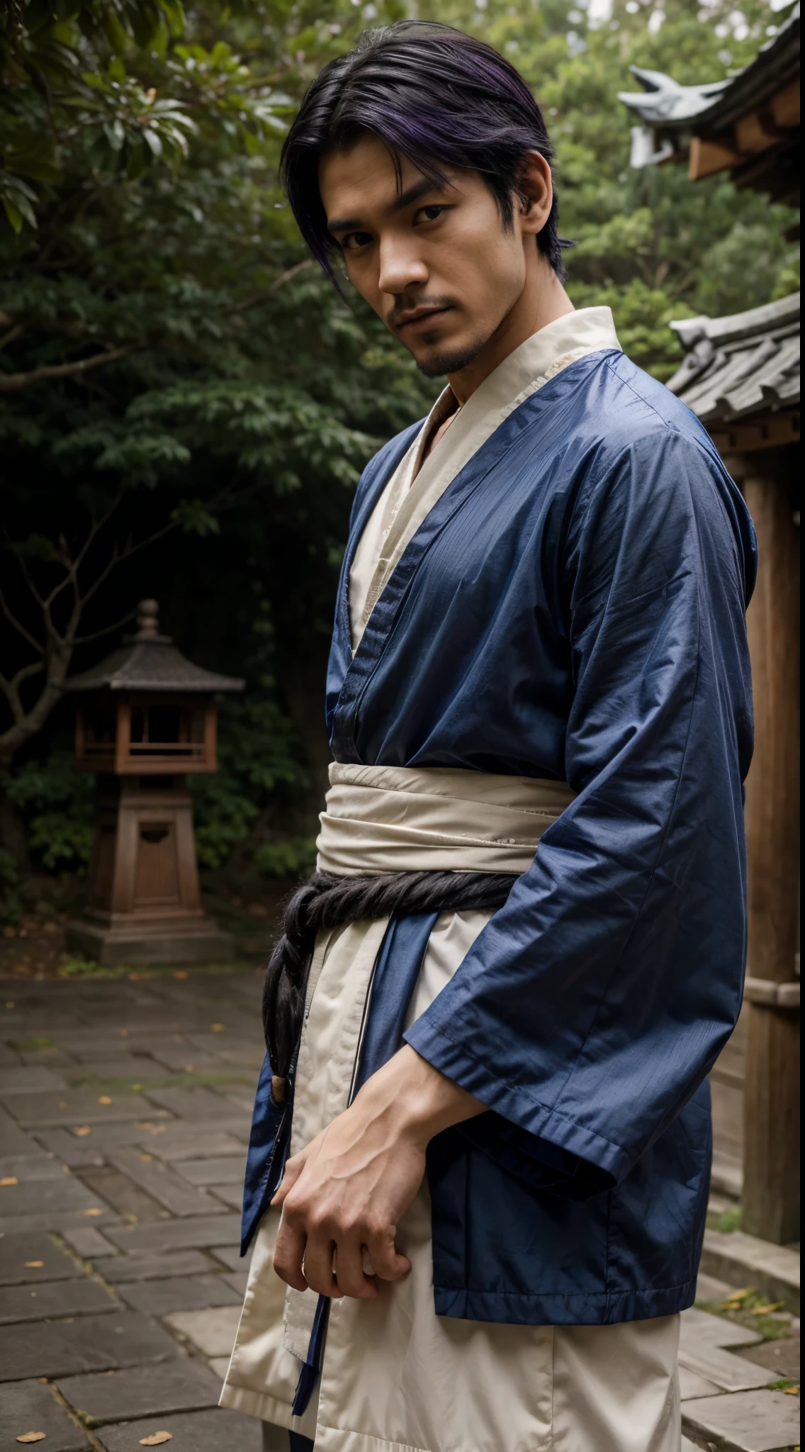 avatar wan masterpiece, best quality, 1boy, solo, male focus, facial hair, tree, outdoors, sash, japanese clothes, black hair, purple hair, looking at viewer, colored skin, muscular, parody