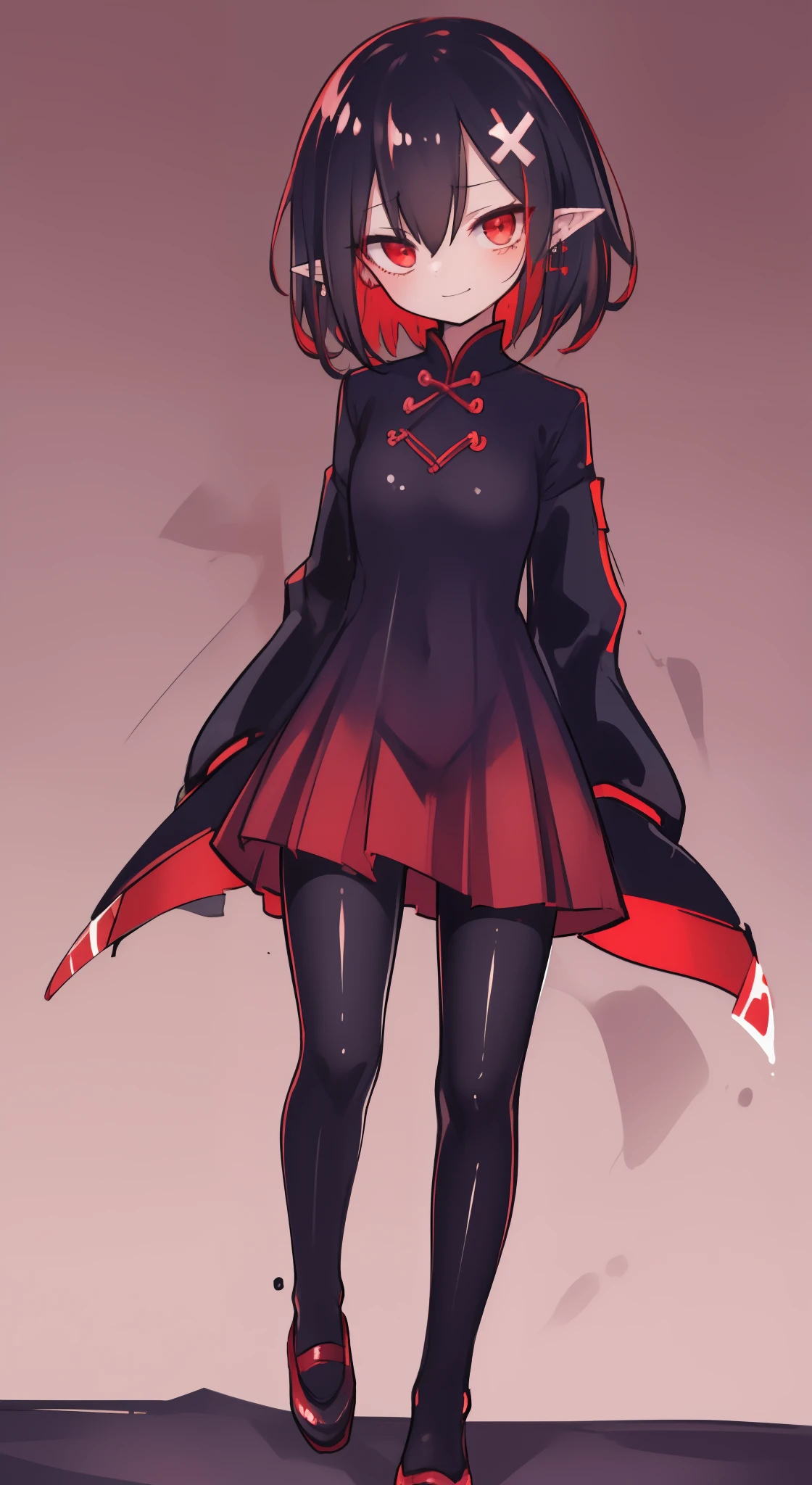 (masterpiece, sidelighting, finely detailed red eyes: 1.2), ((best quality)), ((masterpiece)), (highly detailed:1.3), anime, young girl, childish body, open coat with long sleeves, black tight-fitting bodysuit, (cheongsam), black and red gloves, pale skin, (shadowed eyes, darkened eyes), (smirk, mischevious grin), pointy ears, (short-medium hair, brown hair, messy haircut, hair between eyes, hairclips on left side), ((red stripped tights with black patterns)), (jiangshi shoes), earrings, red tatto on left hand, hands behind back, scar on left hip, solo, 1girl, walking down the street,