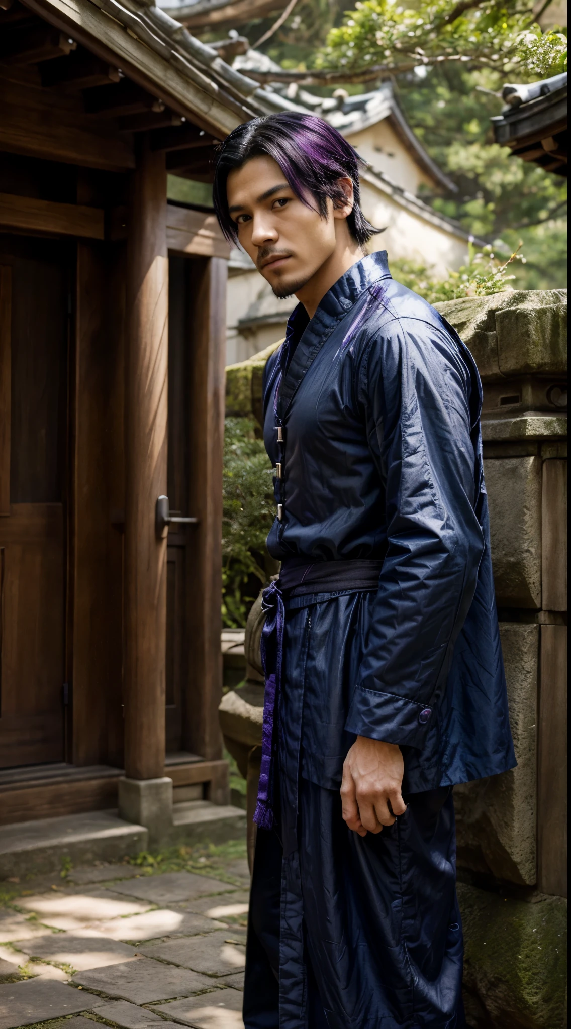 avatar wan masterpiece, best quality, 1boy, solo, male focus, facial hair, tree, outdoors, sash, japanese clothes, black hair, purple hair, looking at viewer, colored skin, muscular, parody