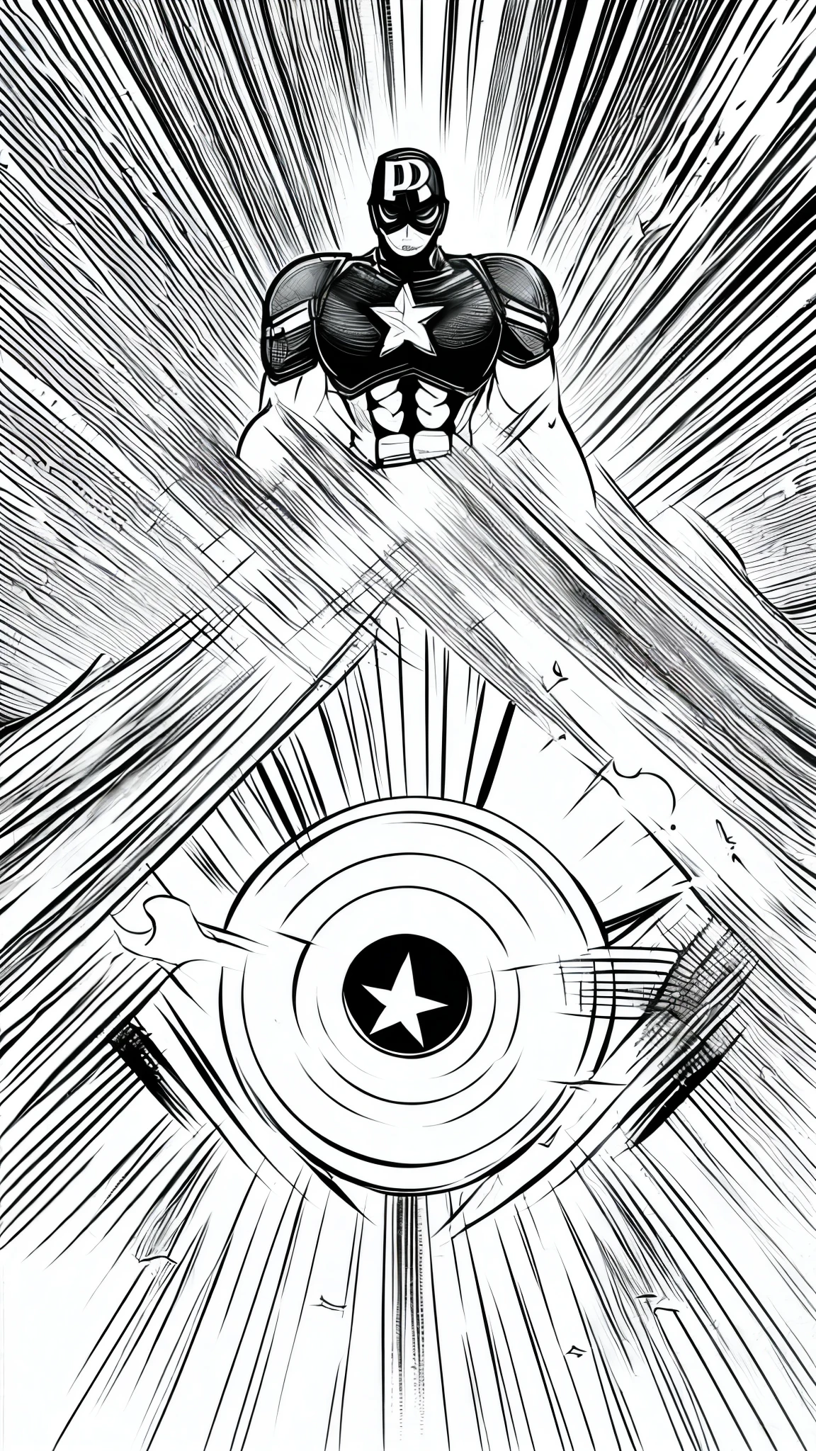in line form, Draw Captain America, Black and white, Cool, illustration style, line, super clear, high detail, Futurism, anime, UHD