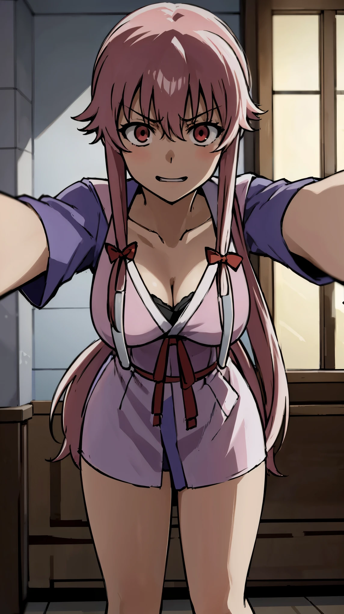 (Best quality:1.4), A high resolution, Masterpiece,, 1girll,, Light purple hair, Purple eyes, (kemomimi), Medium breasts, Bare slender thighs,, hair adornments, (Red|White Japan Shinko garment), Detached sleeves,, Blush,, lantern, Shrine,, Detailed face,