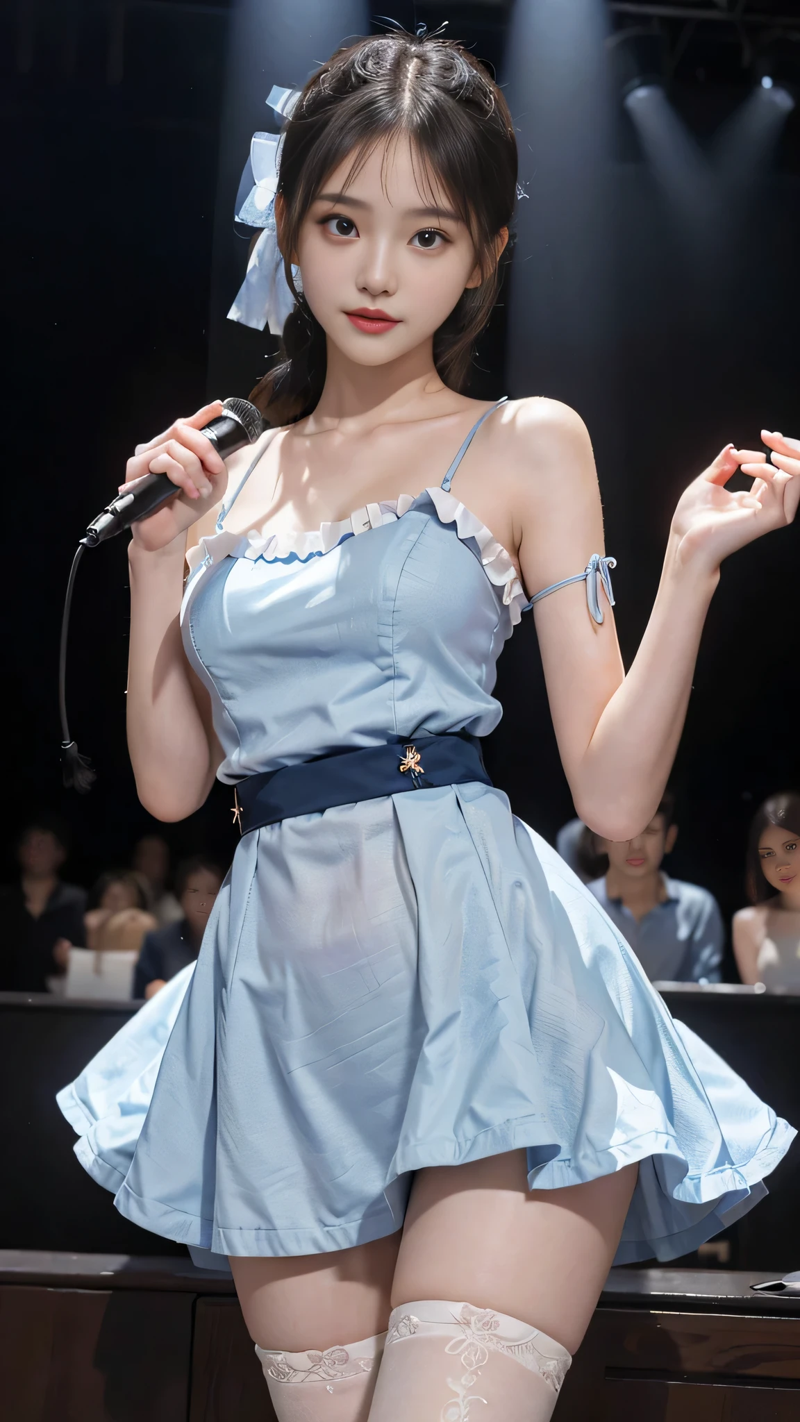 one woman,full body photo,table top, best image quality, high quality, The background is clear,Beautiful woman, Japanese, be familiar with, be familiar with eyes, be familiar with skin, beautiful skin, 超High resolution, (reality: 1.4),very beautiful woman, a face, beautiful skin, thin, (ultra photoreal sim), (High resolution), (8k), (非常にbe familiar with) (beautiful detailed eyes), (超be familiar with), (be familiar with face), view viewer, small details, be familiar with face, look straight ahead, look straight ahead, reality的な写真, bright lighting, professional lighting, black hair,ponytail,a baby face,15d,髪型はponytytailの髪型,slight smile,neatly organized clothes,Beautiful Japanese KPOP idol photo, ヘアスタイルはponytailです, my eyes are double and wide, baby face, smile and look straighthin, small breasts,close up face,Long blue dress with lots of frills, soft shaped skirt, stand on stage, moderately exposed skin, have a microphone,blue ribbon on head,