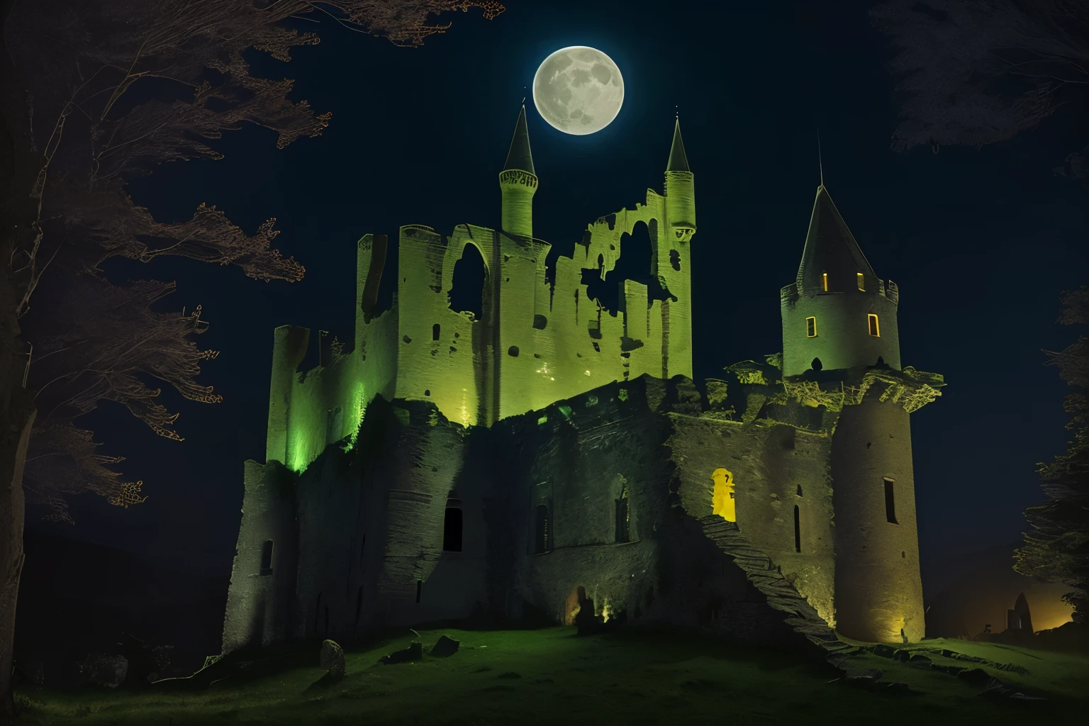 Castle Ruins: The haunting beauty of ancient castle ruins illuminated by moonlight, evoking a sense of history and nostalgia.