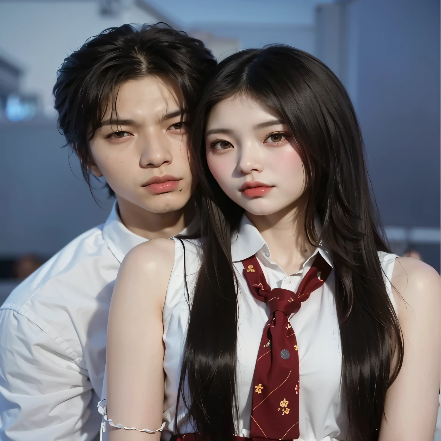 They are two Asians posing together for a photo., ulzzang, ambos tienen labios rojos, ruan jia and brom, nixeu y sakimichan, jaeyeon nam, ruan jia and fenghua zhong, sha xi, yanjun chengt, maquillaje popular de corea del sur, inspirado en Yanjun Cheng, pareja popular, 18 year old young man with the appearance of Jeon Jungkook, beautiful young woman 18 years old appearance of Kim Jennie popular South Korea, pareja popular, 2000s photo studio
