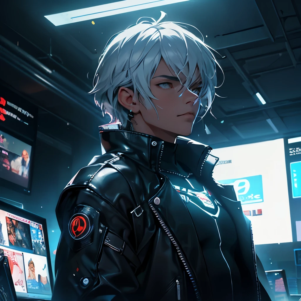 ultra detail, high resolution, ultra detailed, best quality, incroyable, superior quality, fond d&#39;Extremely detailed Unity 8k CG display, Cinema lighting, fanboy aux cheveux blancs avec des traits noires, Cyberpunk, jeune homme, tenant une mitrailleuse futuriste, in cybernetic blouse 