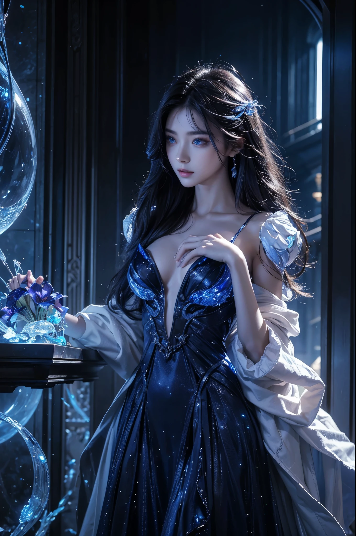 Full figure, seven -clinging shooting, 18 years old, wearing transparent science fiction clothes, exquisite faces, details, hands, ultimate details, amazing magnificence, LED internal lighting, Pedaipan style, fiber hair, glowing blue iris, glowing blue iris. ,,