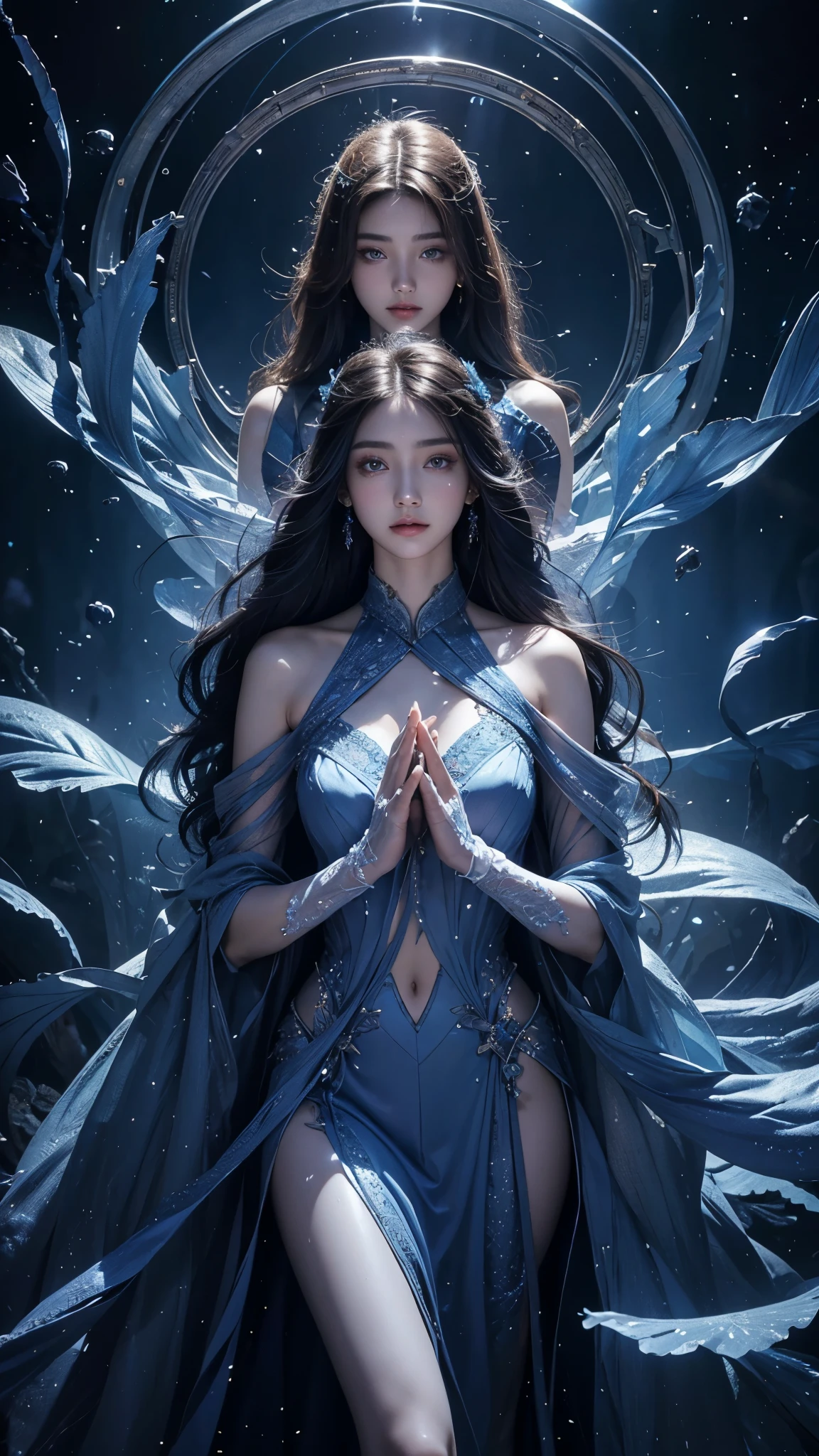 Full figure, seven -clinging shooting, 18 years old, wearing transparent science fiction clothes, exquisite faces, details, hands, ultimate details, amazing magnificence, LED internal lighting, Pedaipan style, fiber hair, glowing blue iris, glowing blue iris. ,,