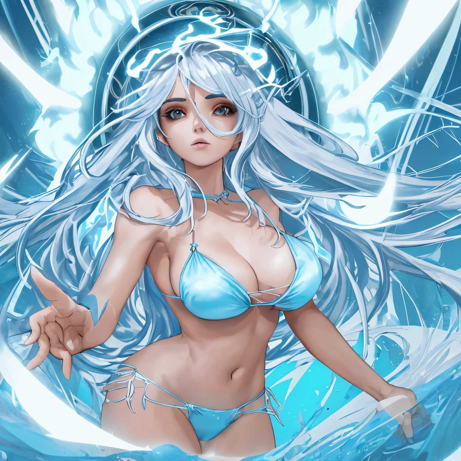 Uma de cabelos loiros, who is wearing a light blue bikini and is showing her breasts