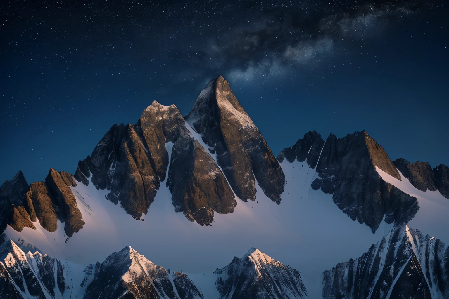 Mountain Peaks: The majestic silhouette of mountain peaks against the night sky, with stars twinkling above and valleys bathed in shadow below.
