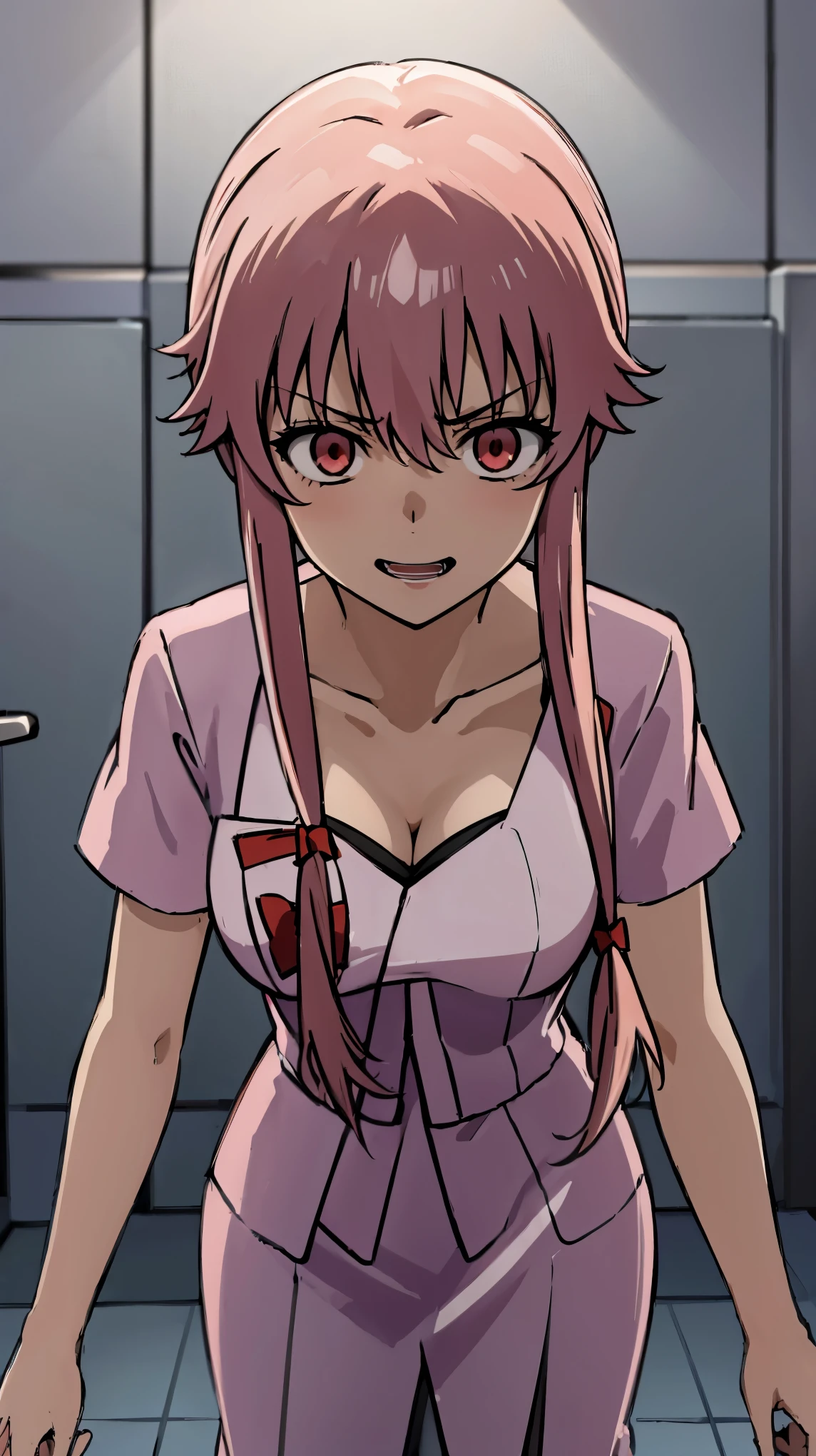 anime_still, masterpiece, best quality, 1girl, Gasai Yuno,large breasts, red eyes, (hospital_gown:1.5), (Psychiatric hospital:1.5), insane, ((padded room)), asylum, Psycho, padded room, mental patient, exposed cleavage, empty eyes, (shaded face:1.1), pov selfie, 1girl solo, kabedon pov, CRAZY SMILE, (YANDERE,CRAZY EXPRESSION:1.6), angry eyes, yuno_gasai
