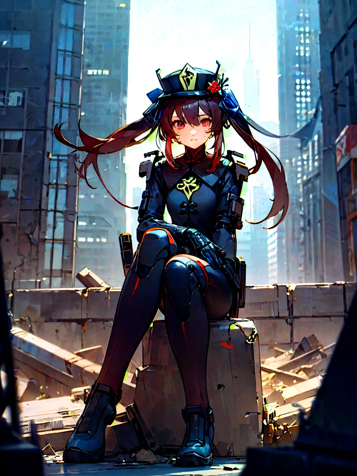 ((masterpiece: 1.4)), best quality (colorful), (delicate eyes and face), volumetric lighting, ray tracing (extremely detailed CG unity 8k wallpaper), masterpiece, best quality, anime, highly detailed ( perfect face, very detailed face), ((1 girl)), ((hu tao))\(genshin impact\), long hair, two pigtails, hat, red eyes, brown hair, (( with a futuristic suit)), cyberpunk style, skyscraper, ((at night)), (( destroyed city)), observing the surroundings, pov, sitting, full body, ((neon lights)), BREAK, BREAK, ((post apocalypse)), red particles, (waifu, anime, exceptional, best aesthetic, new, newest, best quality, masterpiece, extremely detailed:1.2), masterpiece, best quality