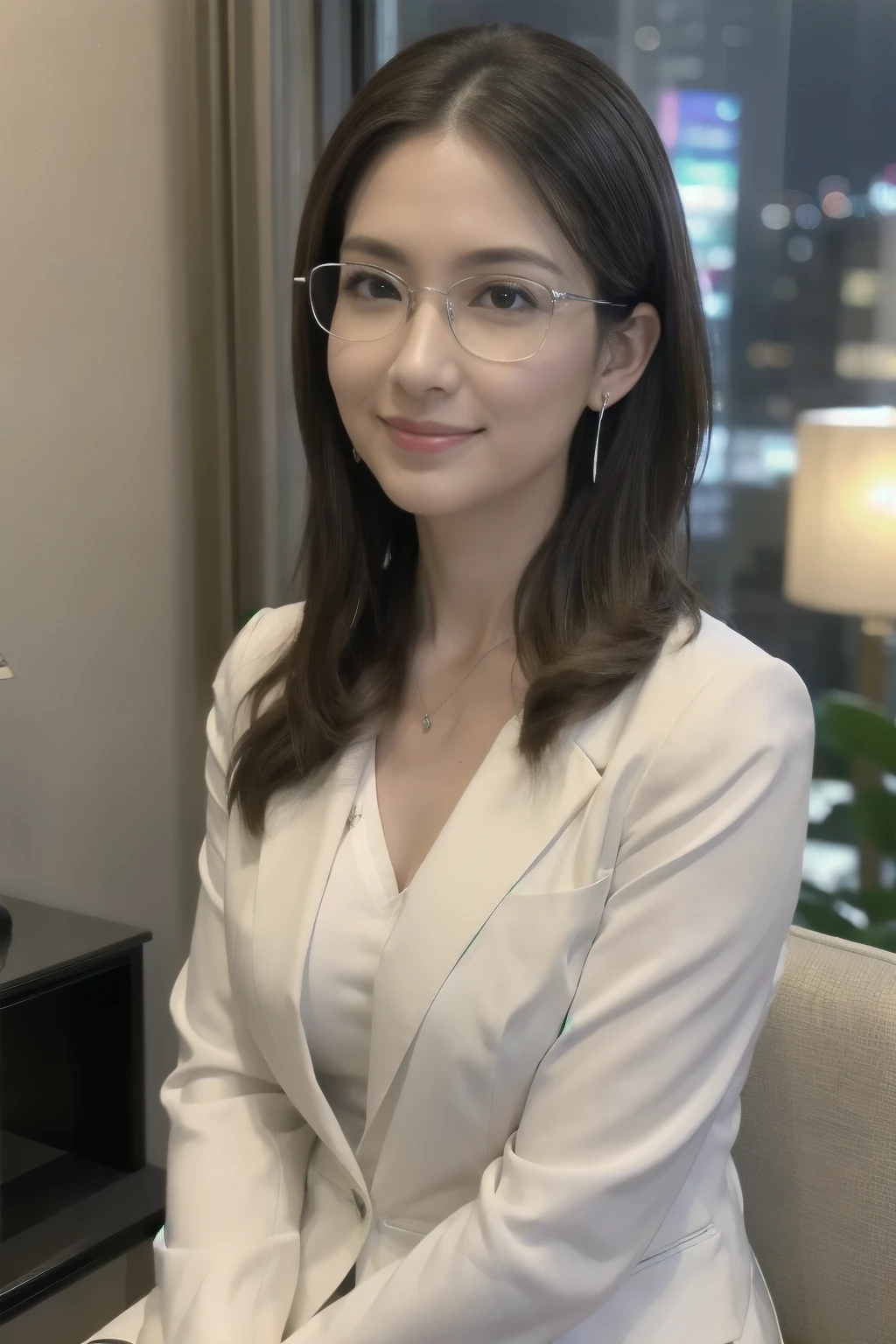 High resolution, very detailed, hyper real, professional lighting, 8K wallpaper, highest quality, 1 girl, (straight hair), (view audience), ((sit facing forward)), cleavage, (business suit), silver rim glasses, earrings, necklace, thighs, Bokeh, You can see the night view from the window, hotel room, lower your arms, My chest feels tight