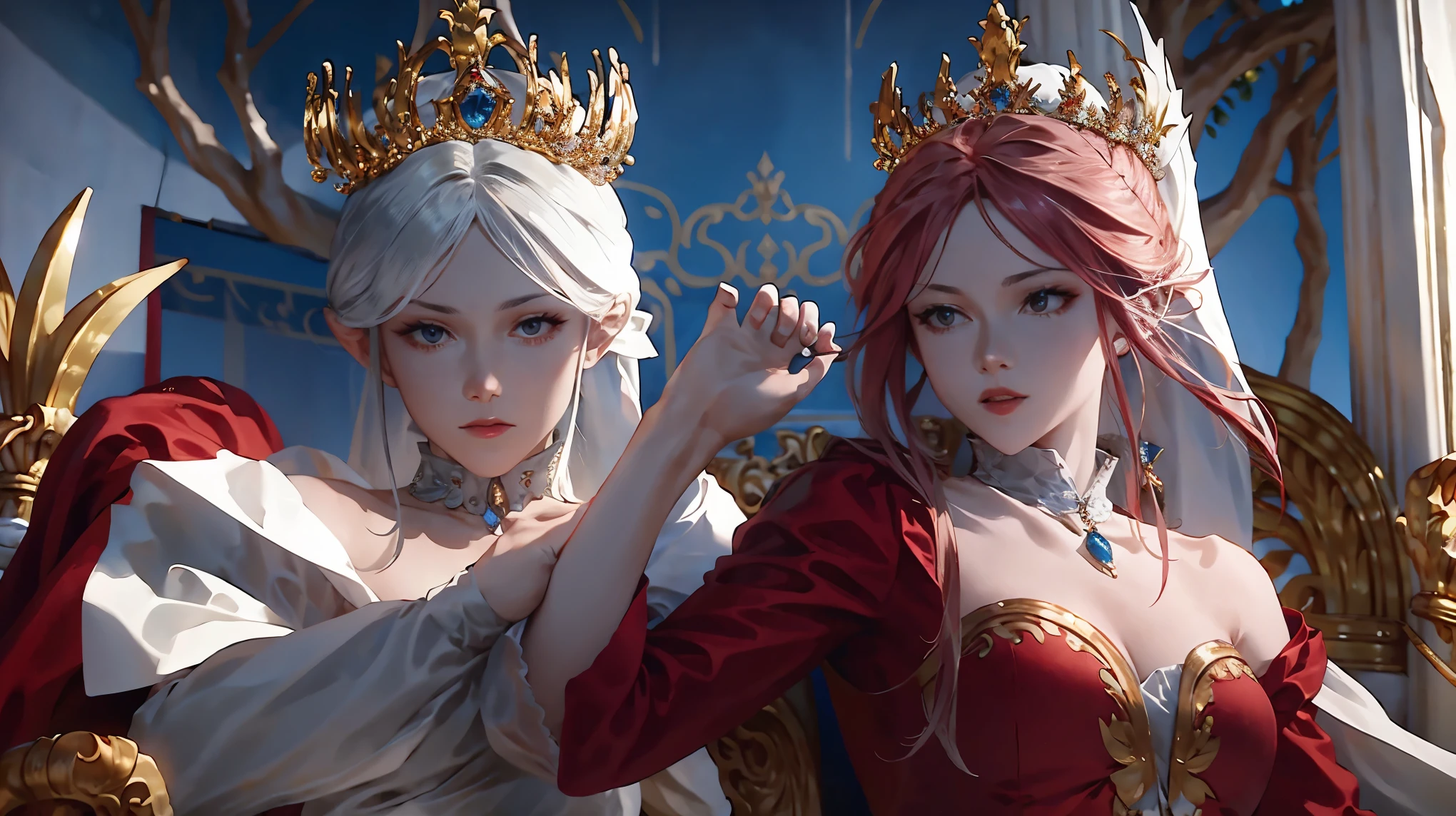 queen, red hair, red dress, Put on a veil., wear a crown, holding the sun staff, Staying in the palace at sunrise