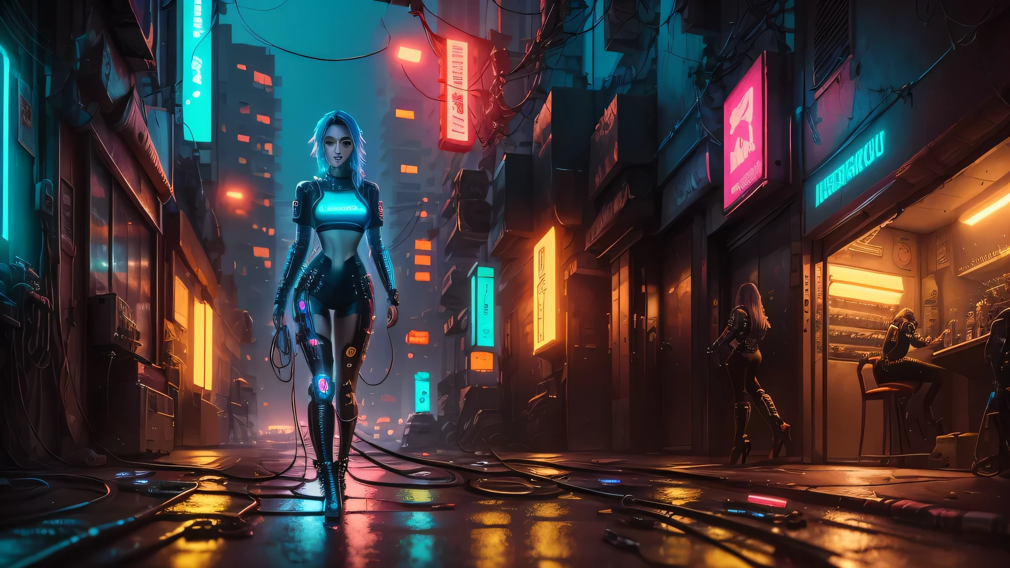 "(((Cyberpunk image of a beautiful girl with cybernetic implants., with shades of wine and soft blue, very detailed, realistic and cinematic. The image shows a girl wearing tight clothing and stiletto boots.. This is a full length view, where can you see reflections in the character'eyes and glowing parts in cybernetic areas of the body, а также cables, leaving the body))))"
- Image type: Digital illustration - product description: Цифровая иллюстрация в стиле cyberpunk, depicting a beautiful girl with cybernetic implants.. The image is very detailed, realistic and has a cinematic atmosphere. The girl is wearing body-tight clothes and stiletto-heeled boots. The image is a full body view., where can you see reflections in the character'eyes and glowing parts in cybernetic areas of the body, а также cables, leaving the body.
- Art styles: cyberpunk, realism, Film - Dominant Colors: Wine, Baby Blue - Product Details: Girl with cybernetic implants, tight clothes, stiletto heels, Reflections in the eyes, glowing details on the body, cables, protruding from the body - Rendering Techniques: Detailed digital illustration