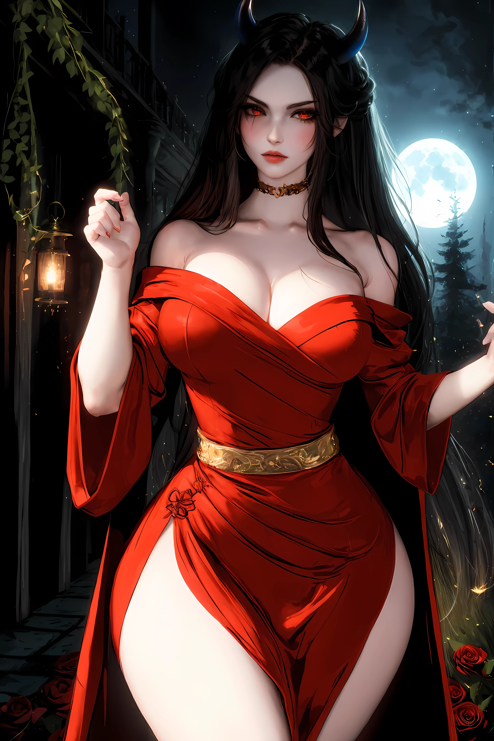 (8k,high resolution,masterpiece:1.2),actual,photo-actual:1.37,devil girl,red corner,beautiful and delicate eyes,beautiful and delicate lips,Extremely detailed eyes and face,long eyelashes,Sexy long black hair,fiery red eyes,Wearing a dark flowing robe,Floating in a misty forest under the moonlight,Red eyes penetrate the darkness,The soft and ethereal light reflects her graceful figure,Subtle shadows dance around her,Red rose surrounded by thorny vines,A sinister yet fascinating presence..,Depicted with dark and dramatic chiaroscuro lighting,Create an unforgettable and charming atmosphere,A clever fusion of traditional oil painting and digital art,evoke a sense of mystery and,Perfectly capturing the beauty and darkness of the enchantress.