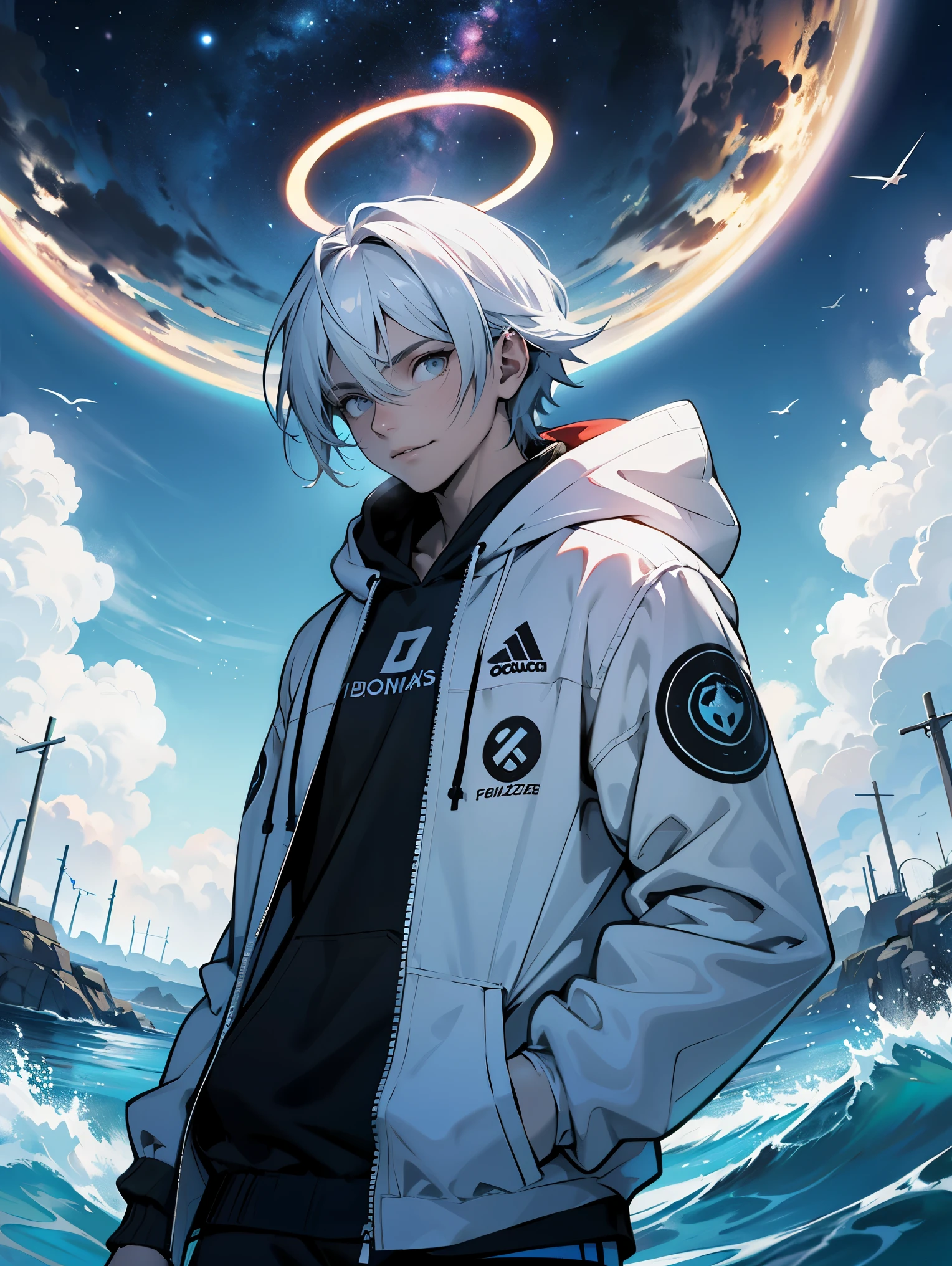 Create a vivid and captivating message: "Imagine a mystical scene in which a faceless 18-year-old man dressed in a white hoodie, encapucharse, se alza con gracia sobre agua clara, con el horizonte al fondo. While looking up at the cloudy sky during the day, Imagine a unique character, el Hombre Nube, que emana un aura poderosa que gira a su alrededor como superpoderes.. Imagine him as a divine being., rodeado por un halo de nubes, encarnando una presencia divina. Enhance this fantastic image with a bright circular symbol in the background and technical clothing elements incorporated into your jacket.. Let your imagination fly with this extraordinary and ethereal character.."
