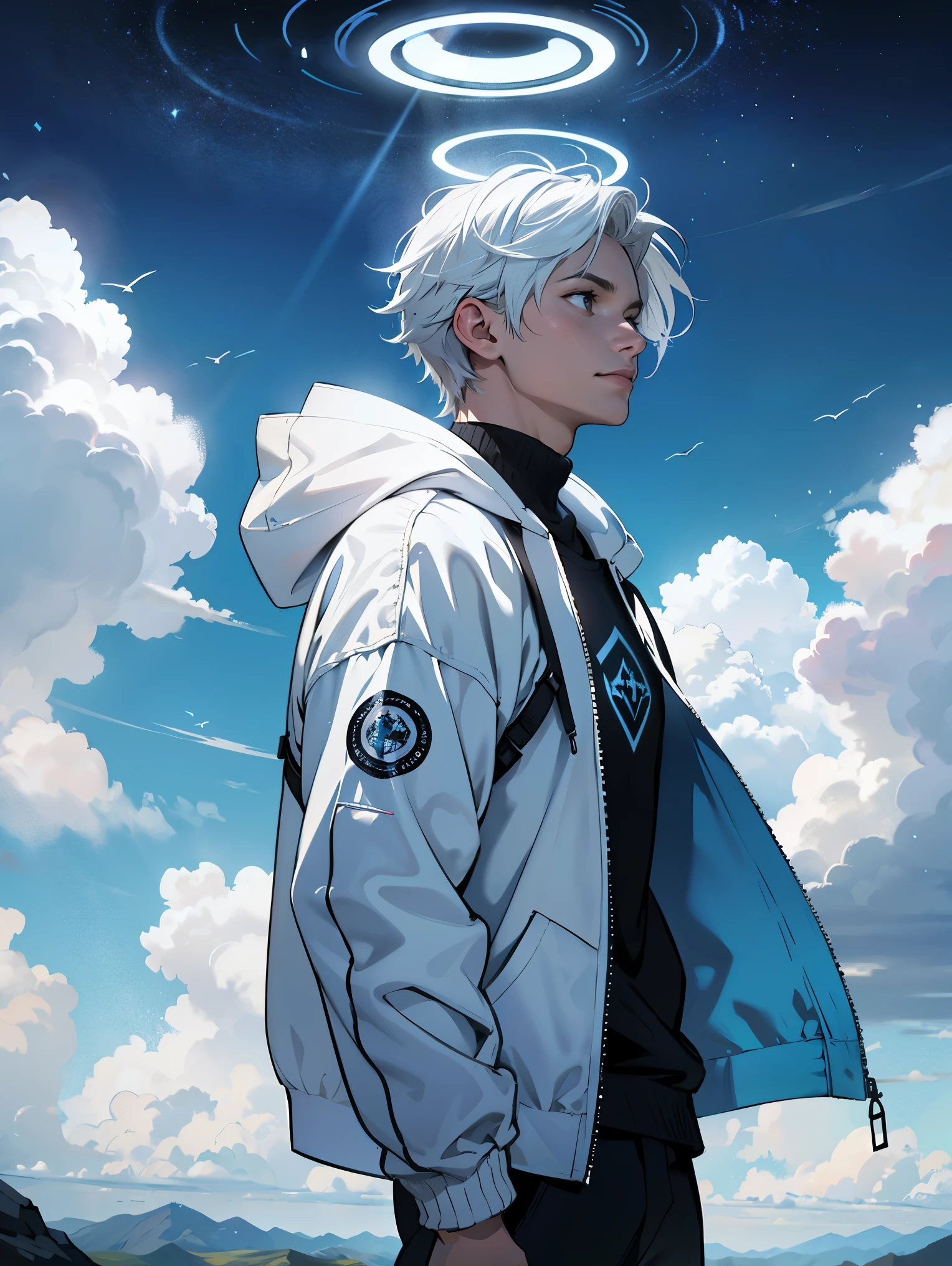 Create a vivid and captivating message: "Imagine a mystical scene in which a faceless 18-year-old man dressed in a white hoodie, encapucharse, se alza con gracia sobre agua clara, con el horizonte al fondo. While looking up at the cloudy sky during the day, Imagine a unique character, el Hombre Nube, que emana un aura poderosa que gira a su alrededor como superpoderes.. Imagine him as a divine being., rodeado por un halo de nubes, encarnando una presencia divina. Enhance this fantastic image with a bright circular symbol in the background and technical clothing elements incorporated into your jacket.. Let your imagination fly with this extraordinary and ethereal character.."