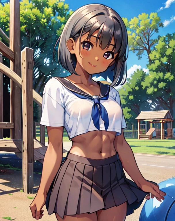 、美girl、Beautiful woman、cute、brown skin、low length、Ｅcup、muscular、biceps、abs、hamstring、short sleeve shirt、bluish black skirt、short skirt、silver hair、long bob、length to shoulder、school playground、blue sky、Beautiful sun、enjoying、young face、girl、beautiful breasts、smile、innocent、because、it is&#39;It&#39;s small、delicate、slender big breastuscular、abs、brown skin、black skin、sunburn、big breasts、thighs with muscleuscularな太もも、muscularなふくらはぎ、enjoying、young girl