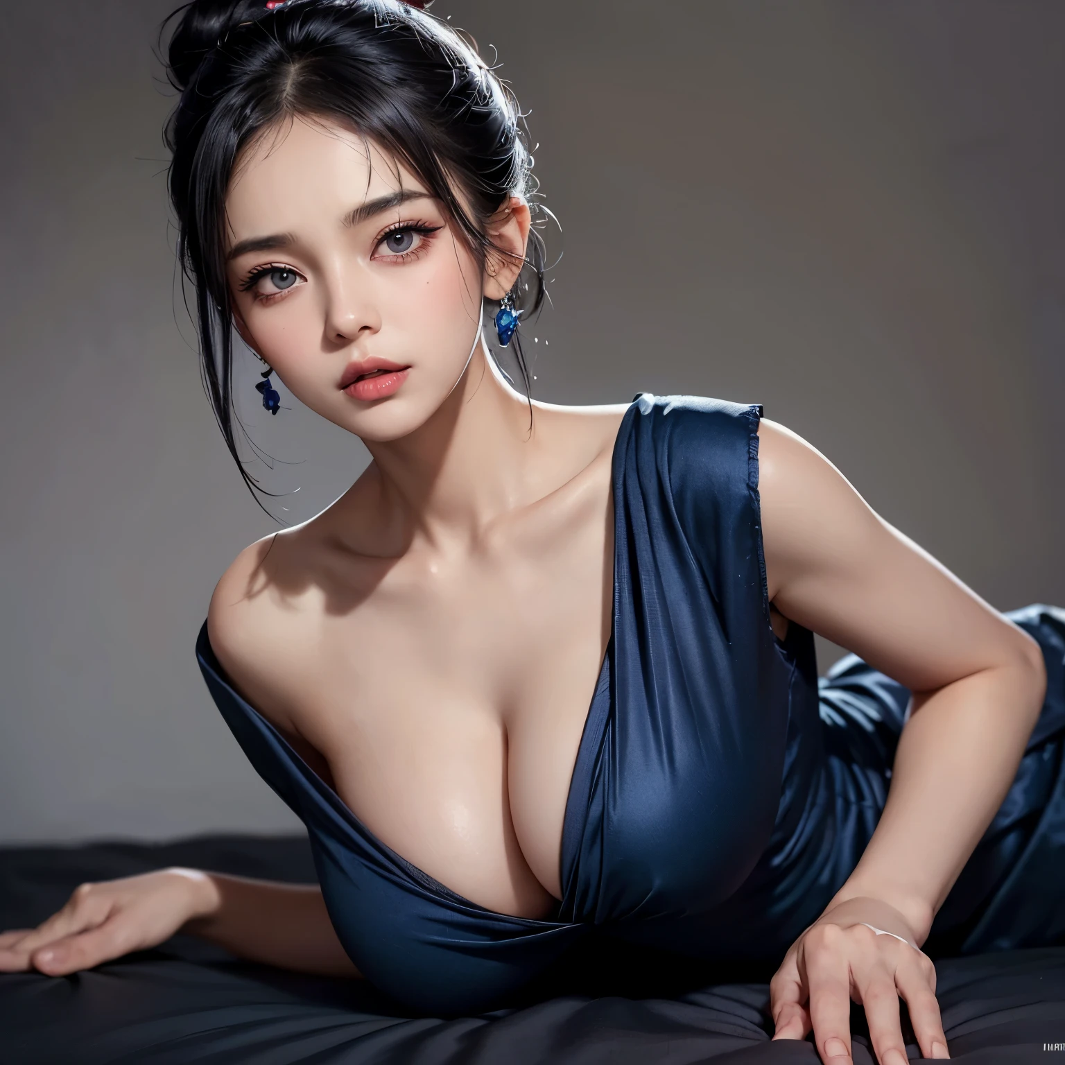Sexy woman, black hair in a bun, seductive eyes, intense gaze, mouth open, deep blush, flustered, beautiful long neck, collarbone, medium chest, cleavage, blue saree, lying on top, lustful expression, sultry pose