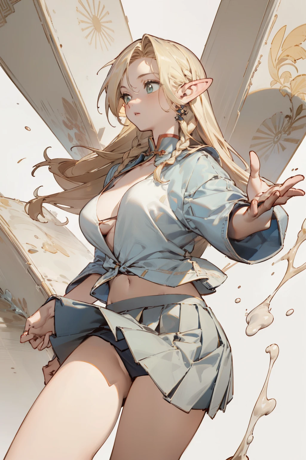 (masterpiece, best quality) detailed,silver accessories , blonde ,elegant, pointed ears ，Chinese element pattern，White shirt，bikini，pleated skirt，Leaking thighs