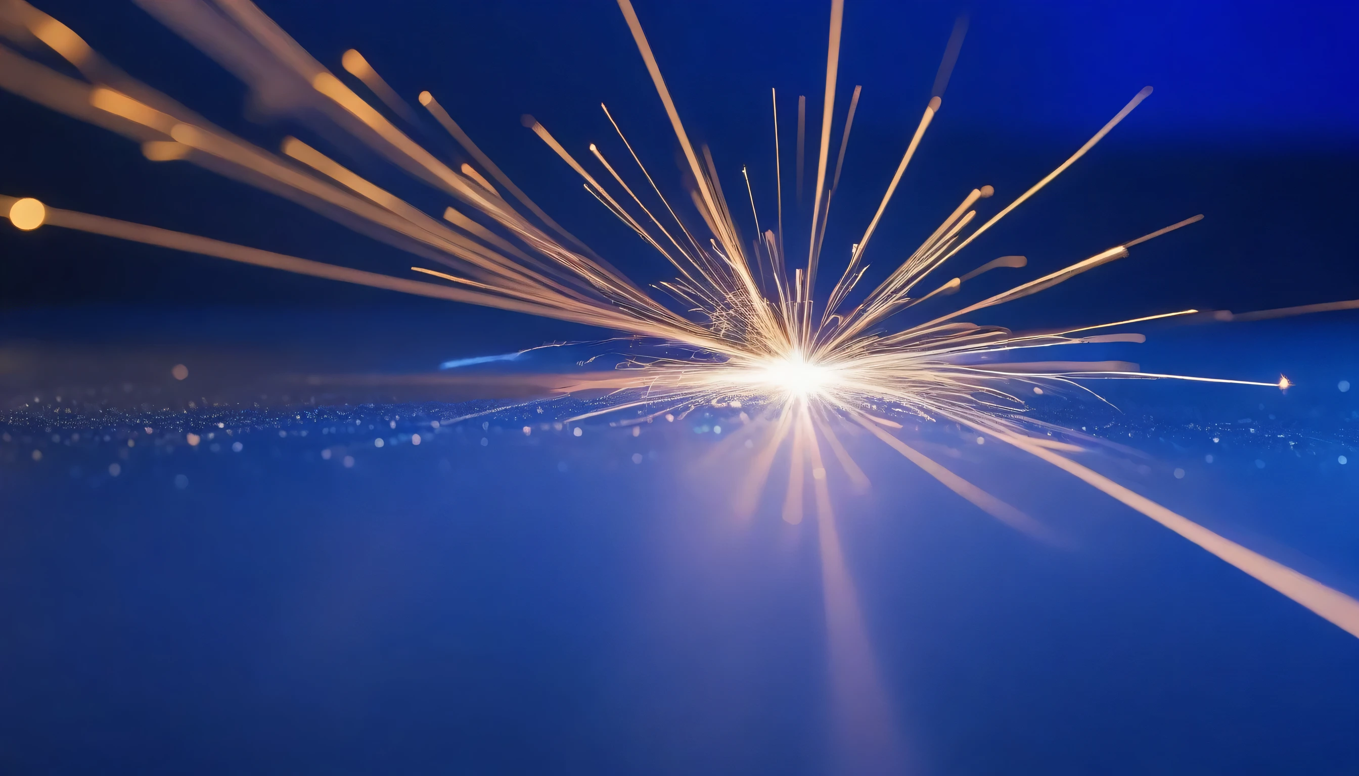 Laser welding and cutting of sheet metal, sparks and edge of metal sheet. Text on a metal sheet - FMGroup. Dark blue background. Bubbles and lots of sparks.