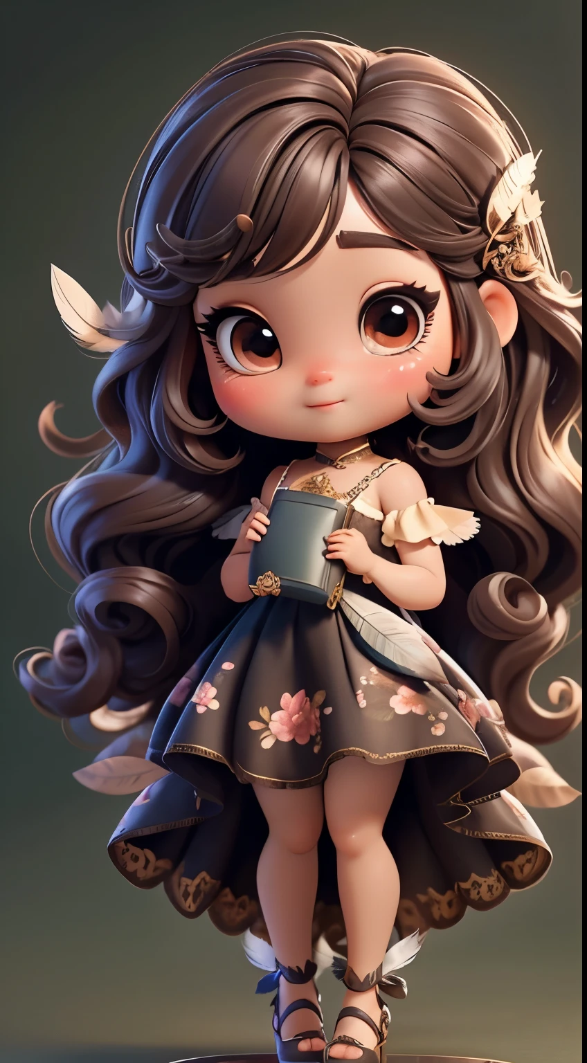 Create a series of fairy-themed chibi dolls. Each one features lots of detail and 8K resolution. All dolls must follow the same solid color background pattern and be complete within the picture, Showing O (full body including feathers: 1.5) Fairy dolls: Name her Deolinda. She must have dark hair、Earth shoulder length hair。. Their eyes should be large and bright, long brown eyes and rosy cheeks. Long, open and shiny wings. Deolinda must wear a delicate long dress, printed details and a flared maxi skirt. floral details. Don't forget the details, Colorful details and charming decoration, Advanced Certificate of Beautiful, Hair texture and detail, Clothes, Cute accessories for each doll, Make them more cute and charming.