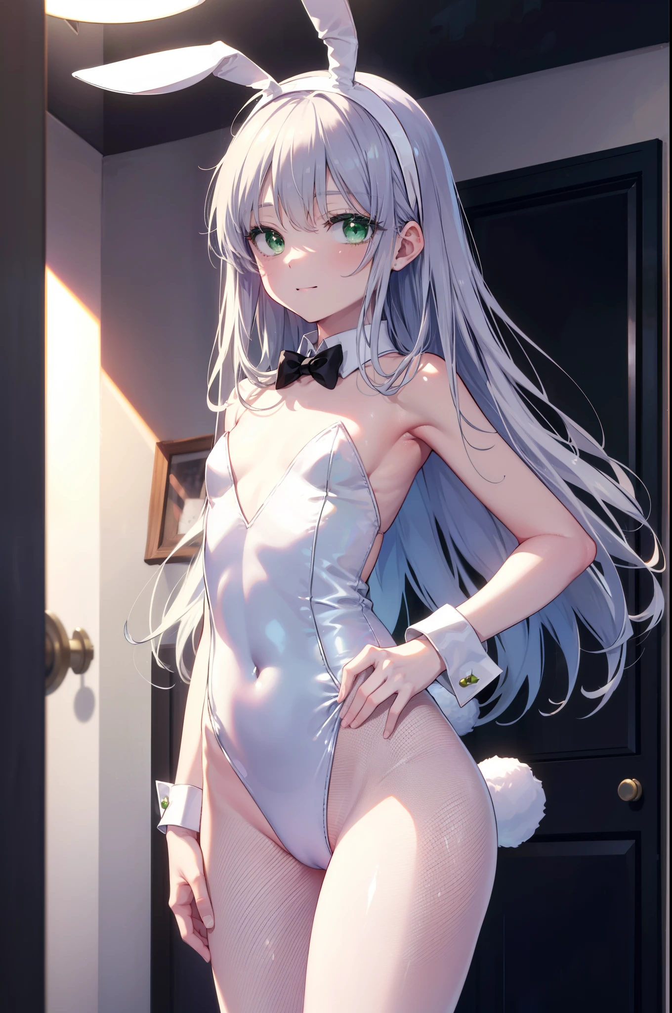 index, index, (green eyes:1.5), silver hair, long hair, (flat chest:1.2),smile,bossy,close your mouth,white rabbit ear headband,white leotard,black pantyhose stiletto heels,(Bunny girl:1.5),(white playboy bunny:1.0),Put your hands on your hips,Standing in honor,
break looking at viewer, Upper body, whole body,
break indoors, room,
break (masterpiece:1.2), highest quality, High resolution, unity 8k wallpaper, (figure:0.8), (detailed and beautiful eyes:1.6), highly detailed face, perfect lighting, Very detailed CG, (perfect hands, perfect anatomy),