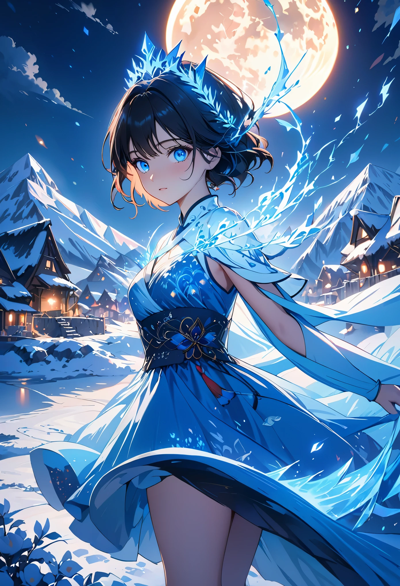 night, ((1 girl)), alone, masterpiece, 8k wallpaper, high resolution, Ridiculous, High quality background, short hair, black hair, multi color hair, beautiful frozen village, (full moon), blue dress, detail dress, jewelry dress, (magic:1.2), blue fire, blue eyes, glowing eyes, fire, ice goddess, (Beautiful blue crown), electricity, blue electricity, blue light particles