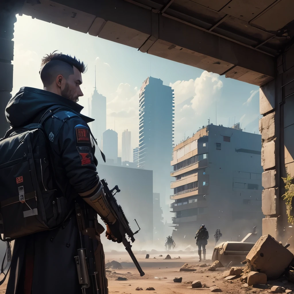 A imagem retrata um personagem americano em uma vista frontal, with an imposing appearance and an athletic body. His war suit is torn and he wields a powerful weapon. The scene takes place in a landscape of a post-apocalyptic city, filled with volumetric dust, que cria uma atmosfera densa e sombria. The character's facial expressions convey the intensity and determination of his mission. Elements of science fiction are present, evidenced by a distinctive silhouette and apocalyptic accessories, combinados com elementos futuristas e cyberpunk.

The art style is inspired by cel-shading, com cores fortes e contornos marcantes, resembling a comic book aesthetic. Post-apocalyptic scenarios provide a rich backdrop, with grungy textures and aesthetic villains. There is an emphasis on graphic violence, with particle effects from explosions that create a climate of action and imminent danger.

The image is a masterpiece with an exceptional quality, with 8K Ultra HD resolution. Octane rendering and the Unreal 5 engine ensure an impressive level of realism, com detalhes minuciosos e uma atmosfera imersiva. The result is an impactful illustration, that combines action elements, Science fiction and post-apocalypse, Creating a memorable and exciting image.