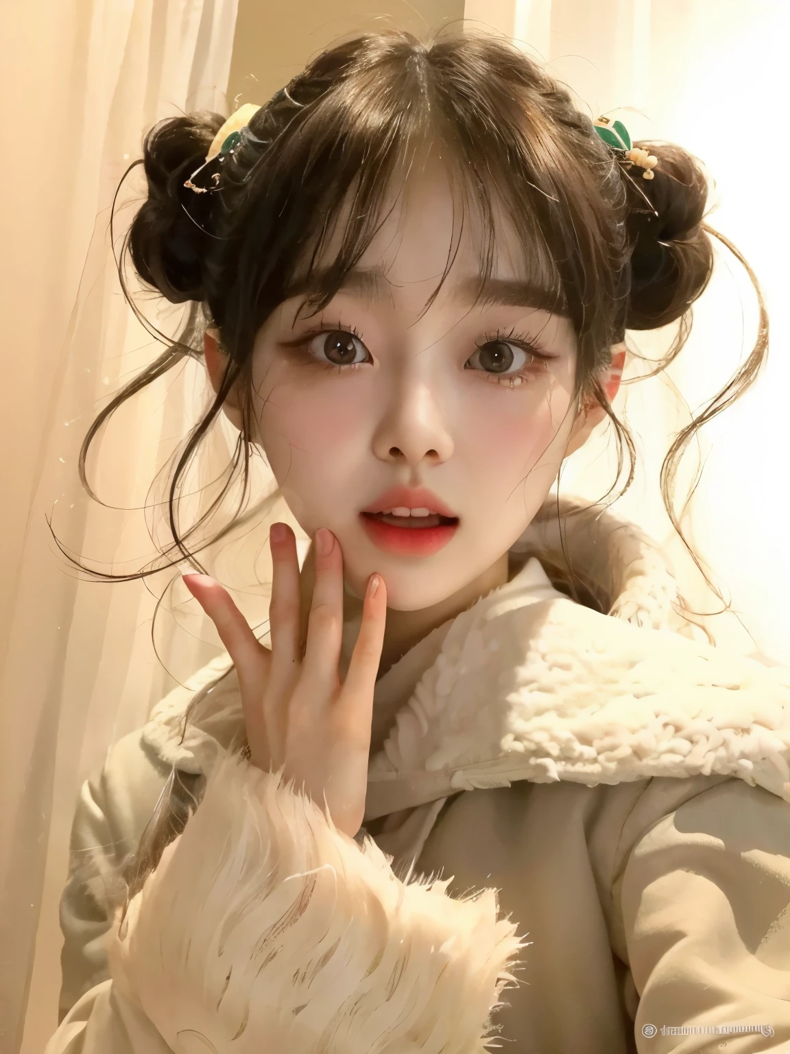 a close up of a person with a furry coat and a hand near her face, ulzzang, korean girl, kawaii hairstyle, young adorable korean face, pigtails hairstyle, wan adorable korean face, kawaii hair style, beautiful south korean woman, young cute wan asian face, popular korean makeup, beautiful young korean woman, beautiful japanese girls face, cute natural anime face