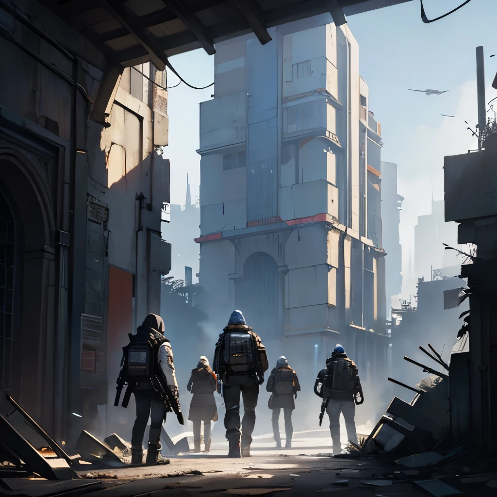 Image de couverture de livre montrant un groupe d'individus aux cheveux blancs armes avec des technologies cyberpunk dans un environnement en ruines 