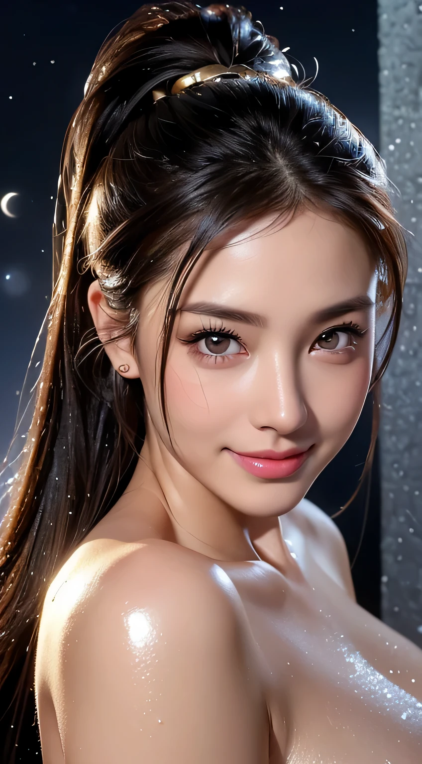 Beautiful woman，body portrait、8k，thin and beautiful eyes，Dindal effect、masterpiece, 最high quality, high quality, High resolution、very detailed写真、(natural skin texture、fine skin、hyper realism、Super sharpness)、high detail skin、(very detailed、fine skinの質感、intricate details、beautiful face、(lifelike face)、realistic eyes、beautiful and detailed eyes、ponytail、real looking skin、beautiful skin、big breasts、G cup、glamorous、shiny skin、oily muscles、take a shower in the bathroom、surreal、very detailed、golden ratio、with smiling eyes、((night moonlight background))、body portrait