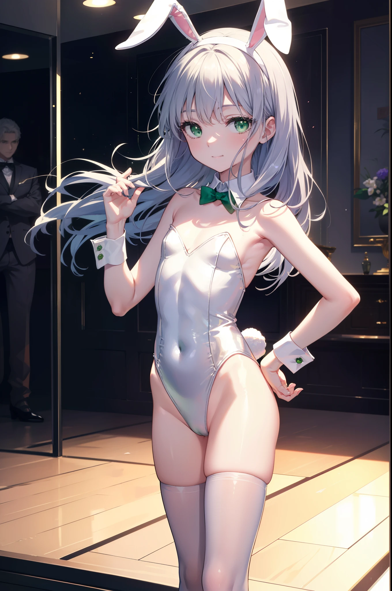 index, index, (green eyes:1.5), silver hair, long hair, (flat chest:1.2),smile,bossy,close your mouth,white rabbit ear headband,white leotard,black pantyhose,stiletto heels,(Bunny girl:1.5),(white playboy bunny:1.0),Put your hands on your hips,Standing in honor,
break looking at viewer, Upper body, whole body,
break indoors, room,
break (masterpiece:1.2), highest quality, High resolution, unity 8k wallpaper, (figure:0.8), (detailed and beautiful eyes:1.6), highly detailed face, perfect lighting, Very detailed CG, (perfect hands, perfect anatomy),