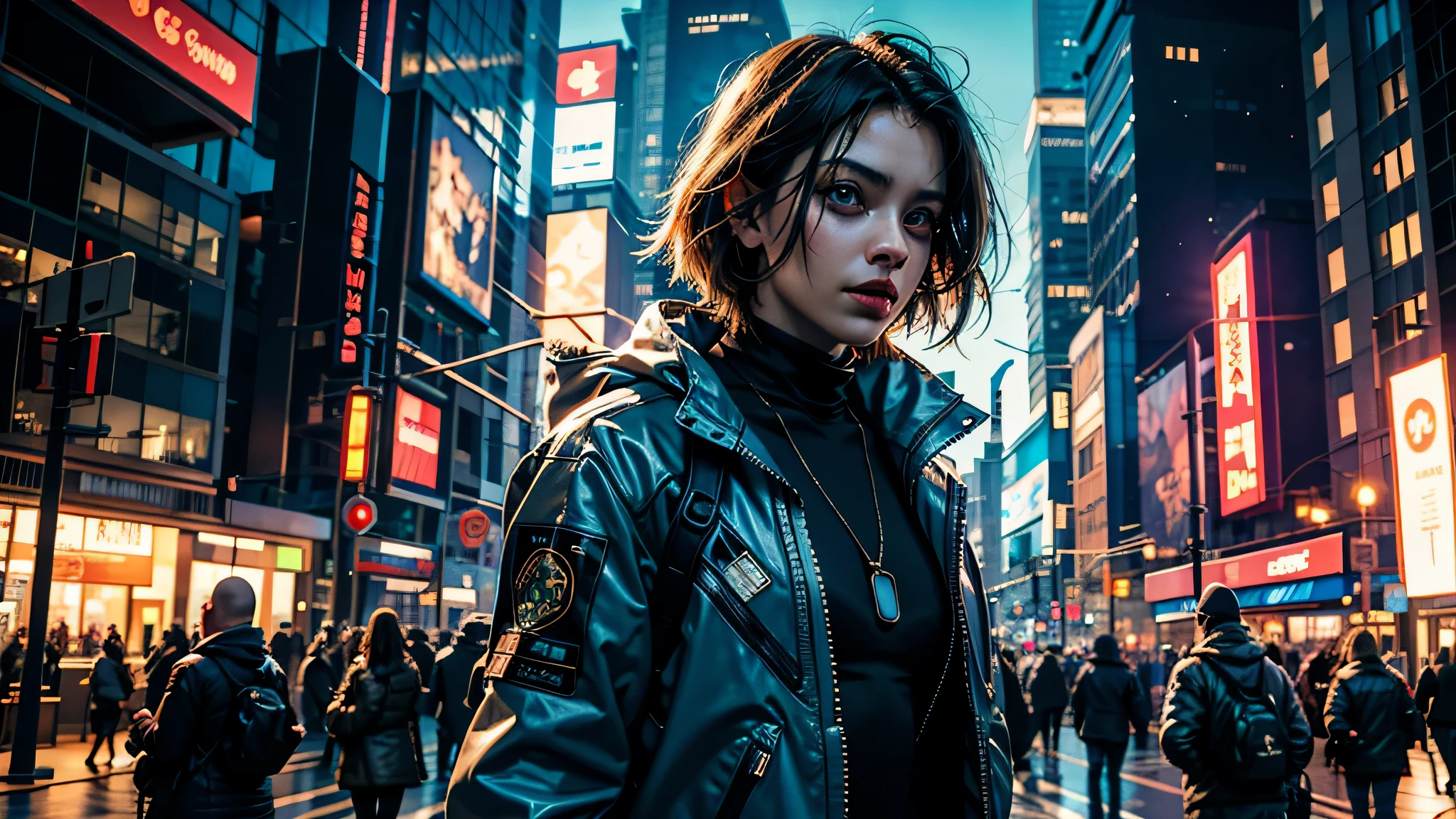 Image designer "cyberpunk & Realistic". Futuristic image of a perfectly tattooed woman with a high-tech mechanical prosthesis.. Ощутите эстетику cyberpunkа с помощью неоновых огней и светящихся татуировок., while maintaining a realistic depiction of her features. "lighting" Динамическое неоновое освещение с естественными источниками света для выделения татуировок и протезов в стиле cyberpunk, while maintaining realistic shadows and highlights.. "Camera positioning" Off-center camera position and close-up, съемка динамичной позы для детальной демонстрации татуировок в стиле cyberpunk и высокотехнологичных протезов.. "Color palette" cyberpunk-inspired color palette with neon shades like electric blue, fluorescent pink, and glowing green, complemented by realistic skin tones and metallic accents, symbolizing advanced technologies...