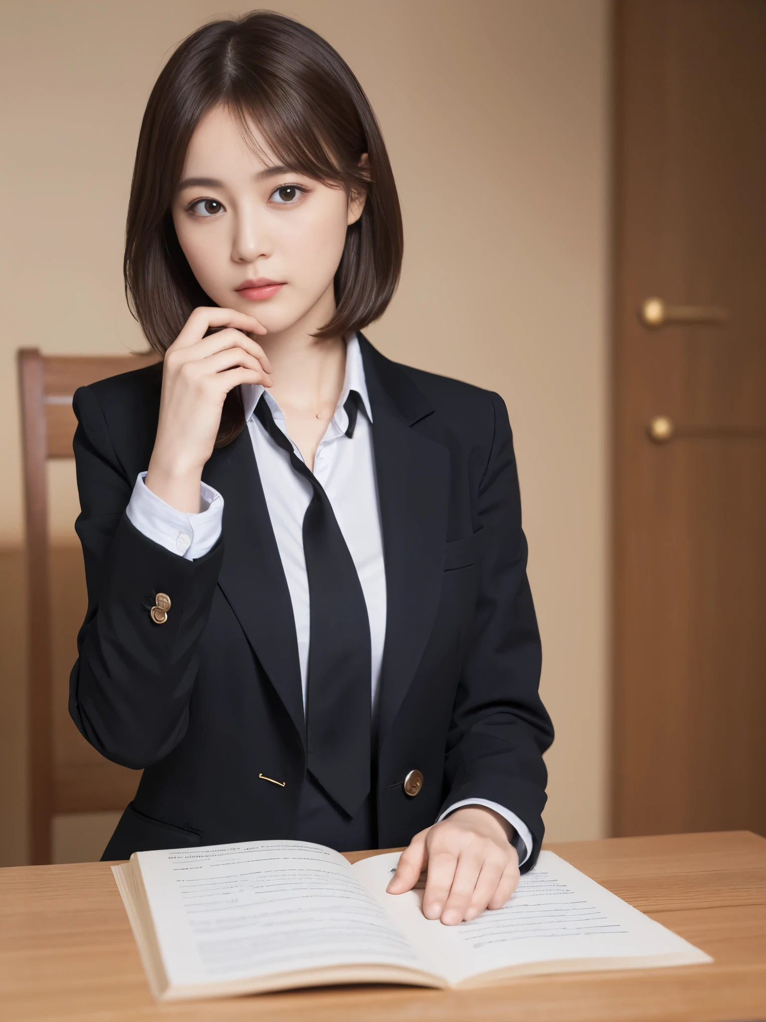 on the table, best quality, enlightenment, super detailed, finely, High resolution, 8k wallpaper, perfect dynamic composition, beautiful and delicate eyes,  natural lip,blazer jacket ,uniform, chopped, full body esbian,put your hands in your pockets、big breastedium brown hair