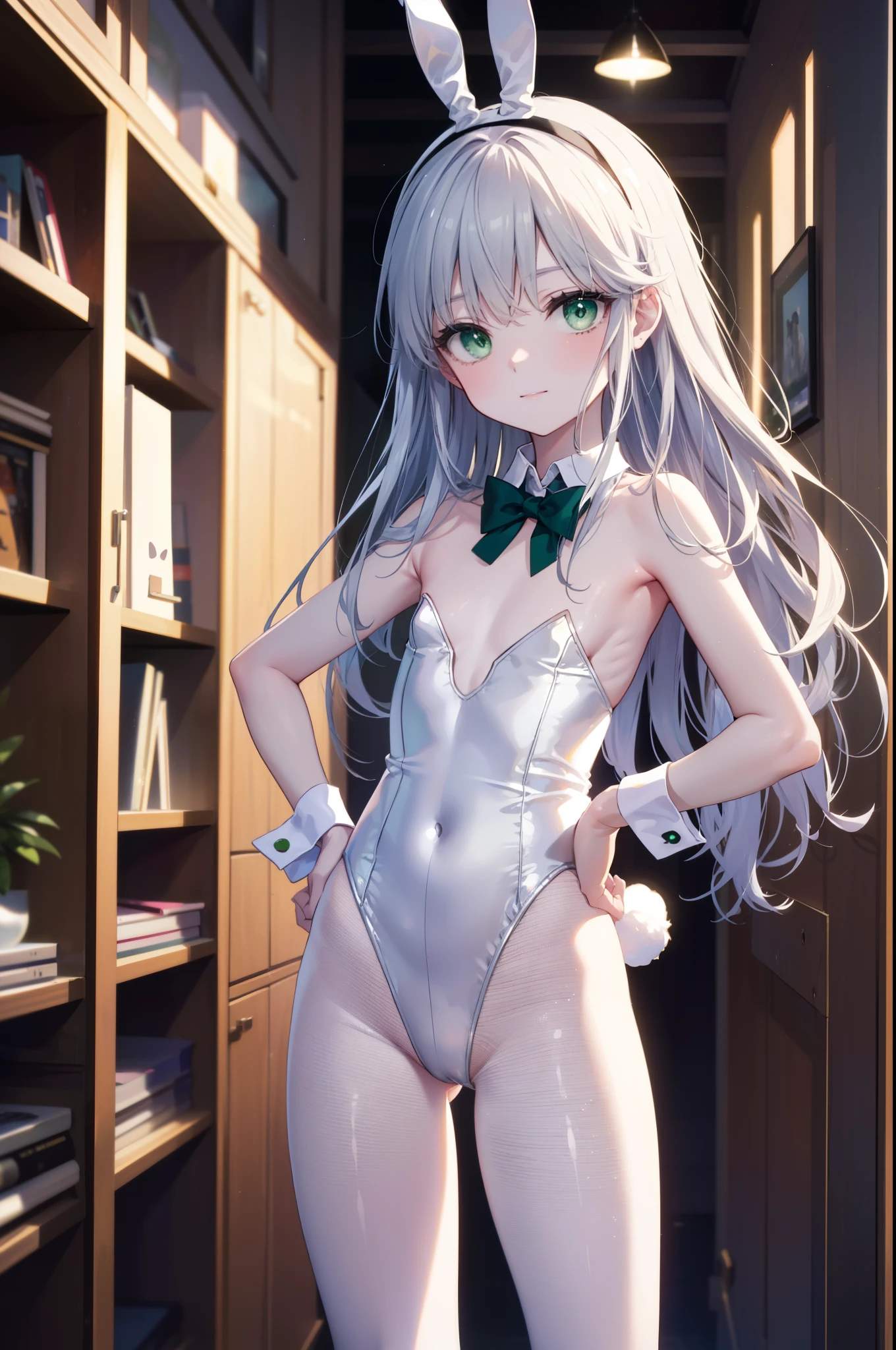 index, index, (green eyes:1.5), silver hair, long hair, (flat chest:1.2),smile,bossy,close your mouth,white rabbit ear headband,white leotard,black pantyhose,stiletto heels,(Bunny girl:1.5),(white playboy bunny:1.0),Put your hands on your hips,Standing in honor,
break looking at viewer, Upper body, whole body,
break indoors, room,
break (masterpiece:1.2), highest quality, High resolution, unity 8k wallpaper, (figure:0.8), (detailed and beautiful eyes:1.6), highly detailed face, perfect lighting, Very detailed CG, (perfect hands, perfect anatomy),