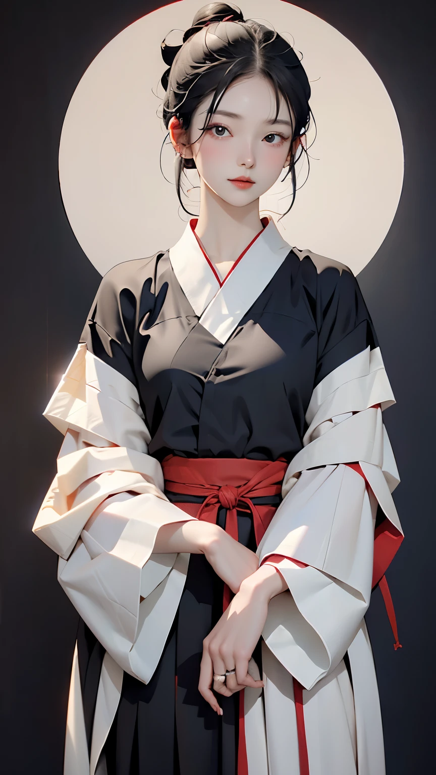 highest quality、masterpiece、1 girl、black background、black background、whole body angle、White and black hakama、in the same way、Are standing、black background、gray hair:1.5、red eyes、red lips、white clothes、Black and white world、Black and white world、pale skin、side blade