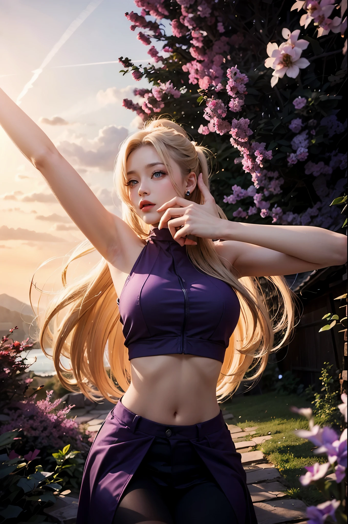 ultra realistic, high res, highly detail, masterpiece, best quality, 1girl, G Cup,   yamanaka ino, hair over one eye, ponytail, hairclip, purple crop top, sleeveless, purple 
 skirt, fishnets, earrings, miriff, blonde hair and blue eyes,yamanaka ino, purple background, purple environment, purple flowers, violet, outside, outdoor, looking at viewer