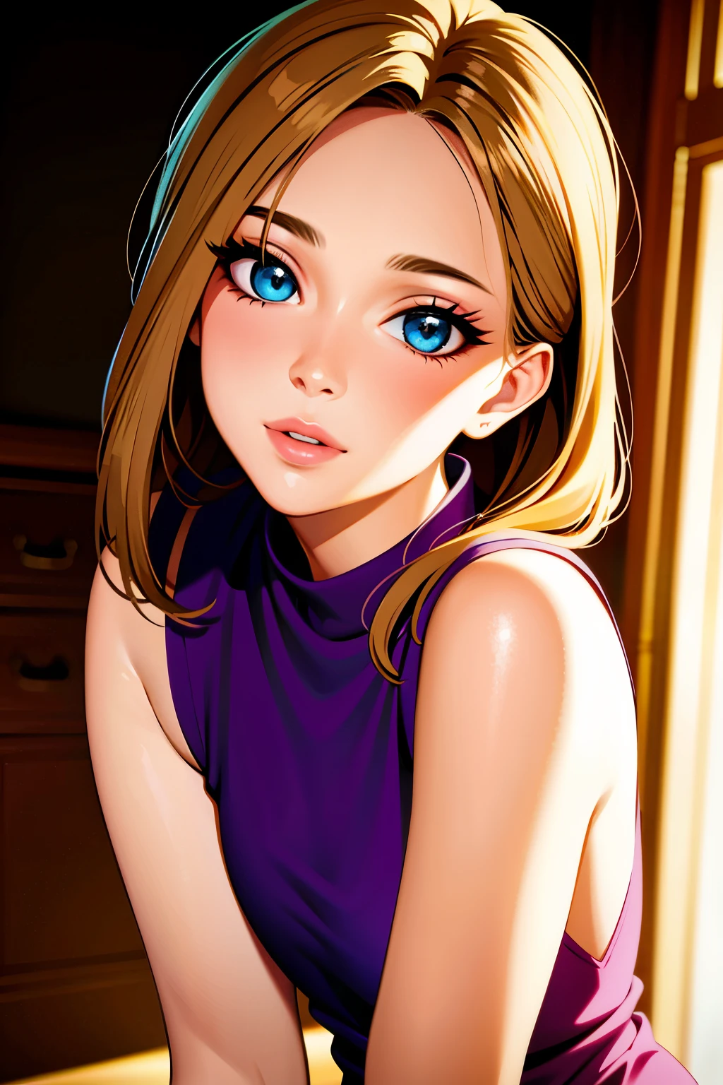 (masterpiece:1.2), best quality, ultra-high resolution, photorealistic:1.4, stunning European woman with a perfect face and a super cute expression, detailed beautiful face with mesmerizing eyes and luscious lips, wearing a tank top that accentuates her figure, detailed clothes that showcase her style and elegance, vibrant colors that bring out the richness of the scene, soft natural lighting that highlights her features and adds depth to the image