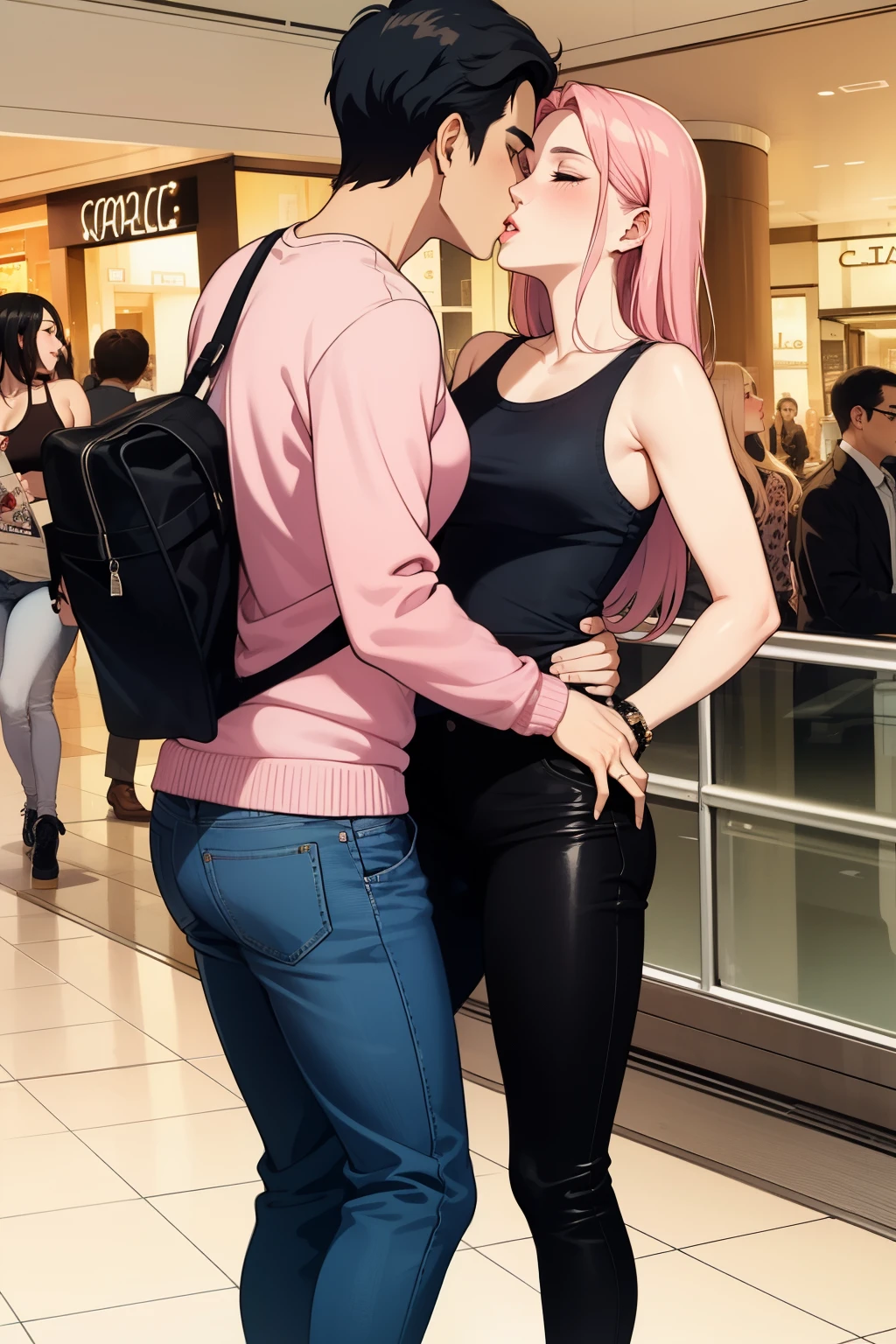 Man wearing pink long sleeved sweater and jeans kissing a sexy woman wearing a black tank top, leopard print shrug and black baggy pants in the mall