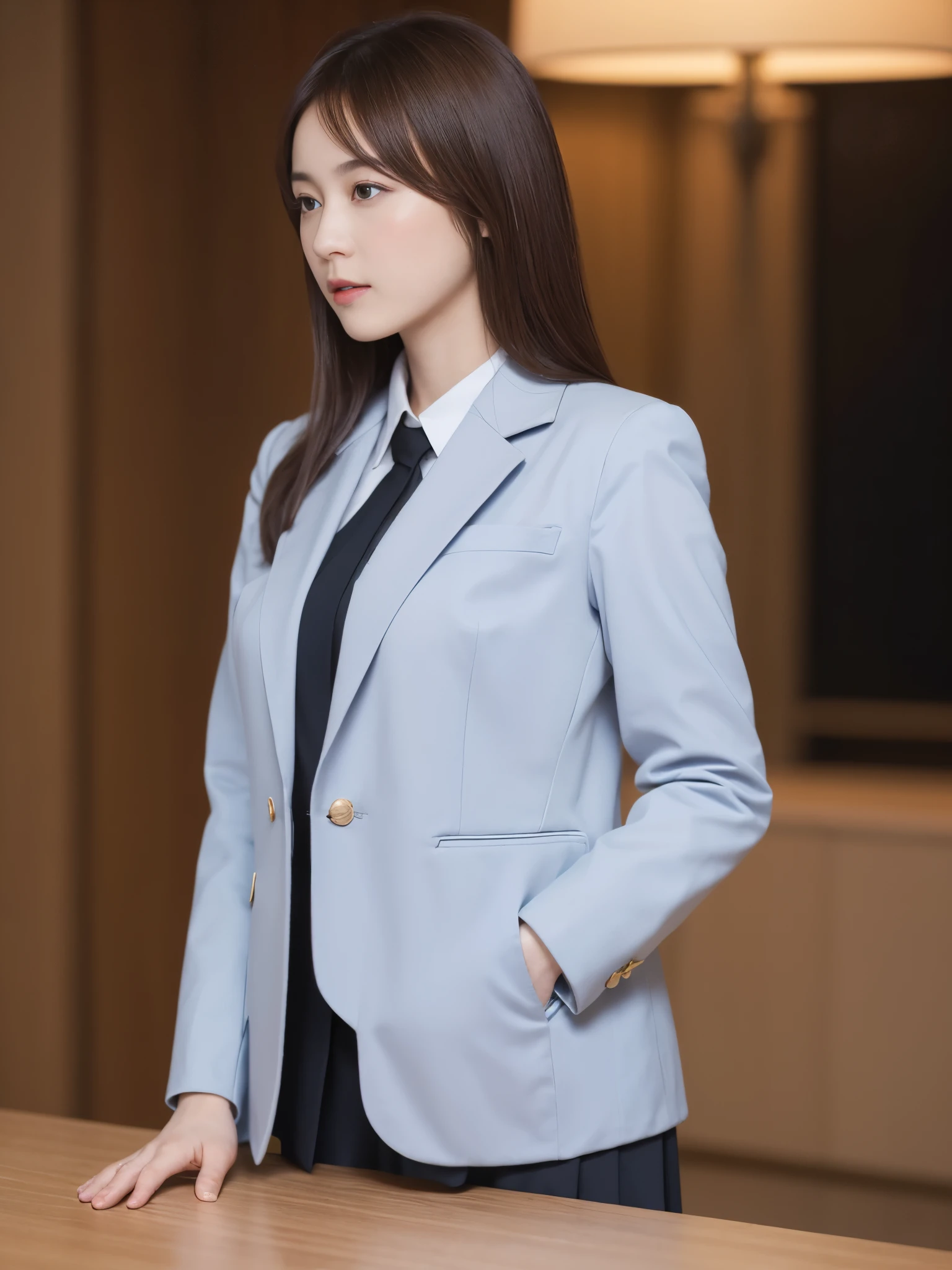 on the table, best quality, enlightenment, super detailed, finely, High resolution, 8k wallpaper, perfect dynamic composition, beautiful and delicate eyes,  natural lip,blazer jacket ,uniform, chopped, full body esbian,put your hands in your pockets、big breastedium brown hair