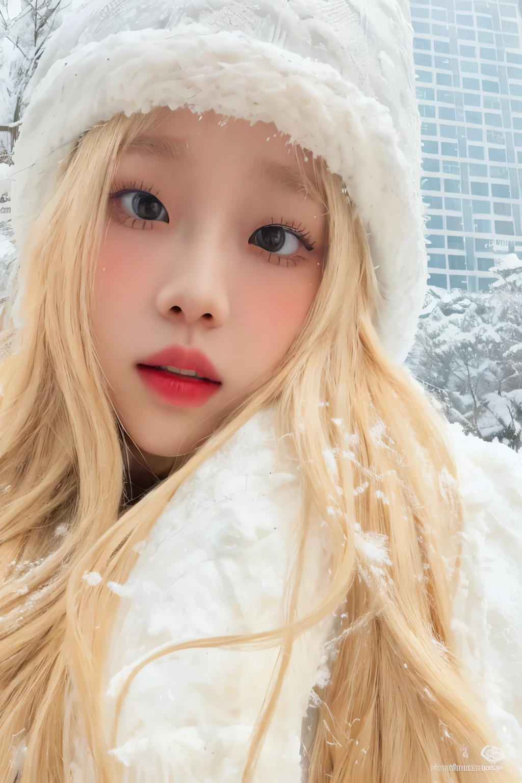 blond girl with white fur hat and scarf in the snow, roseanne park of blackpink, lalisa manobal, lalisa manoban of blackpink, jossi of blackpink, ava max, in snow, ulzzang, with white long hair, with long white hair, very long snow colored hair, profile pic, long blonde hair and large eyes