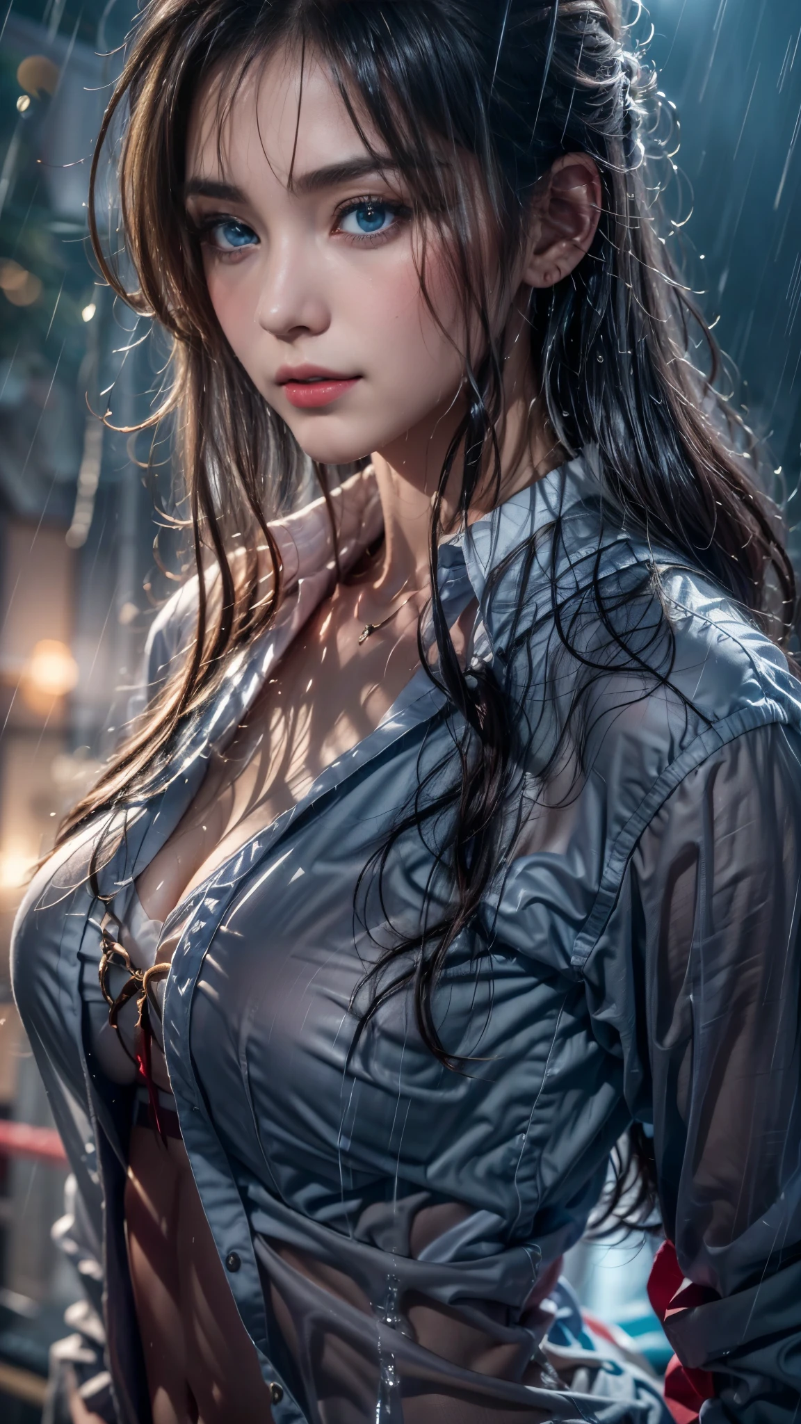 (RAW shooting, Photoreal:1.5, 8k, highest quality, masterpiece, ultra high resolution), perfect dynamic composition:1.2, street corner at night, look up at the sky:1.3, (((Typhoon heavy rain))), Highly detailed skin and facial textures:1.2, Slim high school girl wet in the rain:1.3, sexy beauty:1.1, perfect style:1.2, beautiful and aesthetic:1.1, Fair skin, very beautiful face, water droplets on the skin, (rain drips all over my body:1.2, wet body, wet hair:1.4, wet uniform:1.3), (Medium chest, Bra see-through, Chest gap), (embarrassing smile, The expression on your face when you feel intense caress, Facial expression when feeling pleasure), (beautiful blue eyes, Eyes that feel beautiful eros:0.8), (Too erotic:0.9, Bewitching:0.9), cowboy shot, student bag