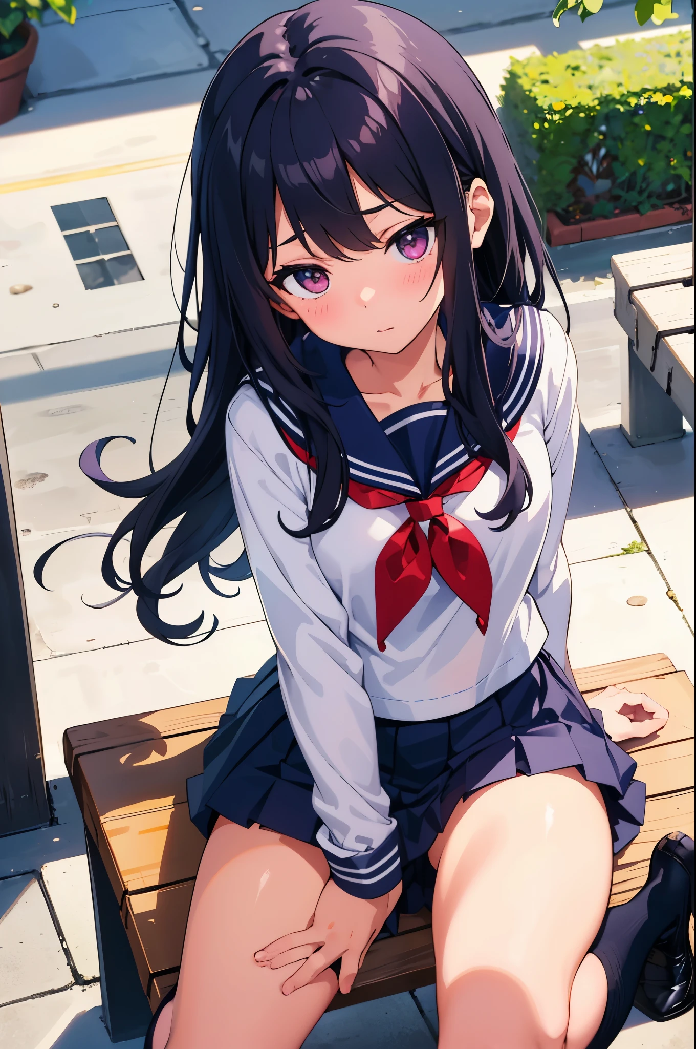 school courtyard elementary school girl 8-year-old flat chest black hair long hair eyes are purple embarrassed look((1 person)) White upper body long sleeve sailor uniform Lower body navy blue miniskirt white panties lie down on the bench showing panties sports boots spread your legs a little((I can see white panties)) dynamic angle Low angle from the front