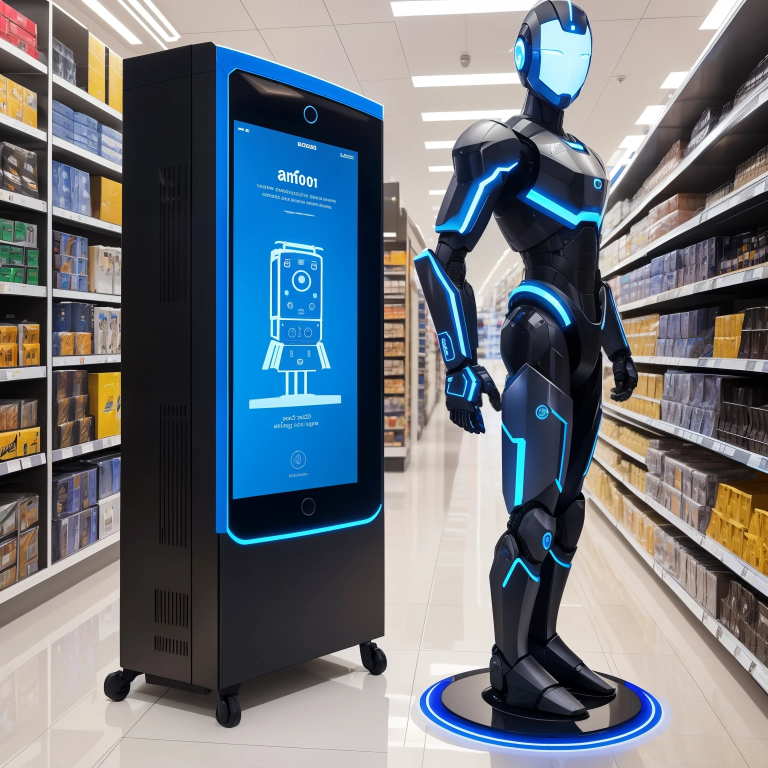 Amazon Bot 3000 - the ultimate futuristic robot designed to cater to all your shopping needs. Standing tall at 7 feet high, this sleek and modern robot is covered in chrome plating with blue neon accents that pulse with energy.
Its head is a large touchscreen display that showcases the latest deals and promotions, while its eyes are advanced cameras that can scan the environment for potential customers. Its arms are equipped with retractable shelves filled with a variety of products, ready to be delivered to customers at a moment's notice.
Amazon Bot 3000 moves gracefully on a set of wheels, gliding effortlessly through the aisles of its virtual store. Its voice is a soothing blend of human and robotic tones, making customers feel comfortable and at ease while shopping.
With its advanced AI technology, Amazon Bot 3000 can predict customer preferences and offer personalized recommendations. Its speed and efficiency make it the perfect shopping companion for those looking for a seamless and convenient experience.
Step into the future of shopping with Amazon Bot 3000 - where innovation meets convenience in a sleek and stylish package.